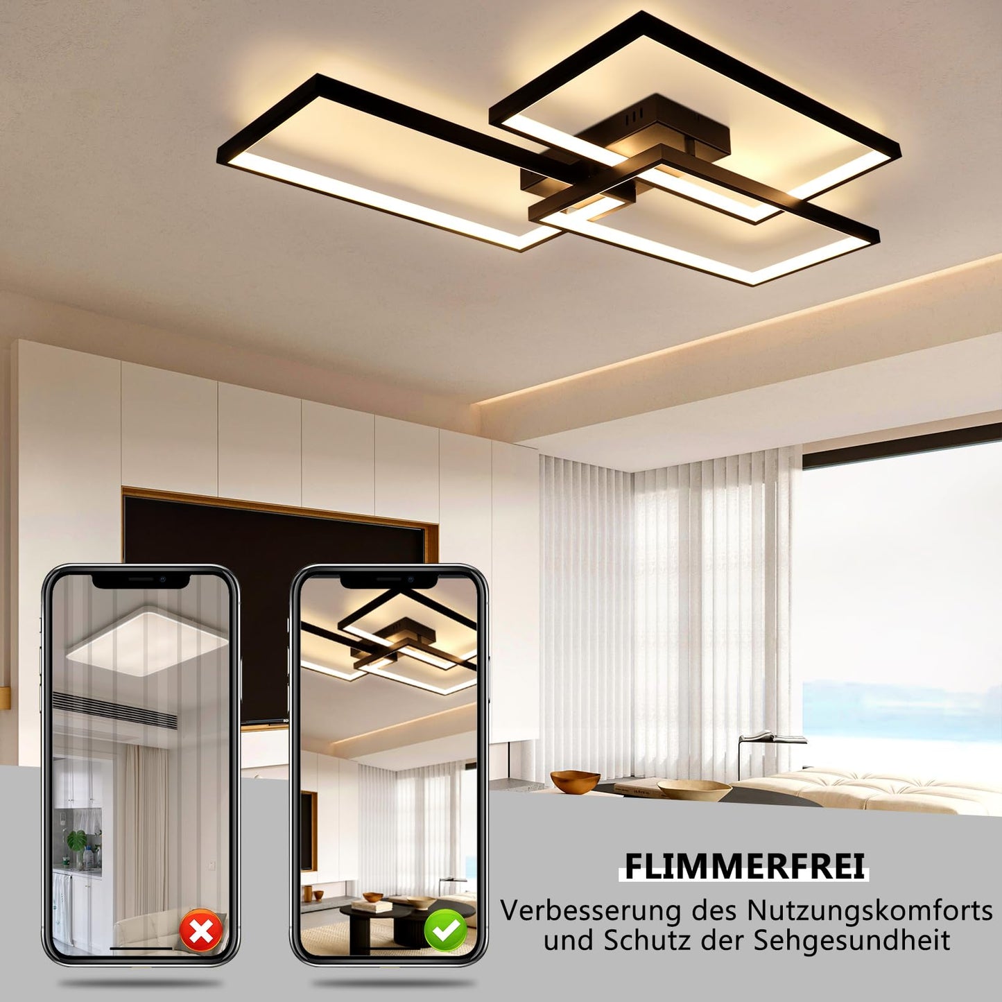 ZMH LED Deckenleuchte Wohnzimmer Deckenlampe - Schwarz 80CM 72W Modern Wohnzimmerlampe Dimmbar mit Fernbedienung Schlafzimmerlampe Rechteck Metall-Design f¨¹r Schlafzimmer Kinderzimmer k¨¹chen