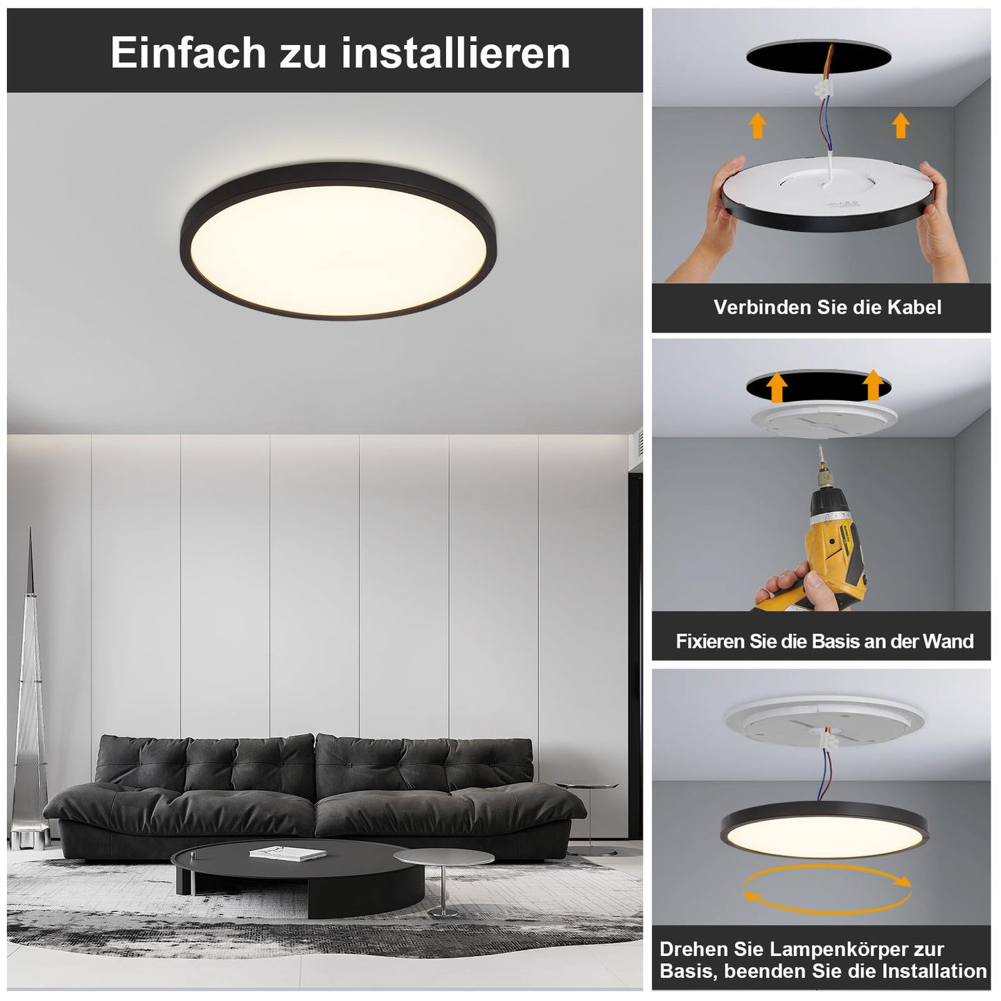 ZMH LED Deckenleuchte Flach Schwarz - 28W Dimmbar Deckenlampe Rund mit Fernbedienung 3000-6500K ?30 CM Badezimmerlampe f¨¹r K¨¹che Esszimmer Flur Schlafzimmer Badezimmer