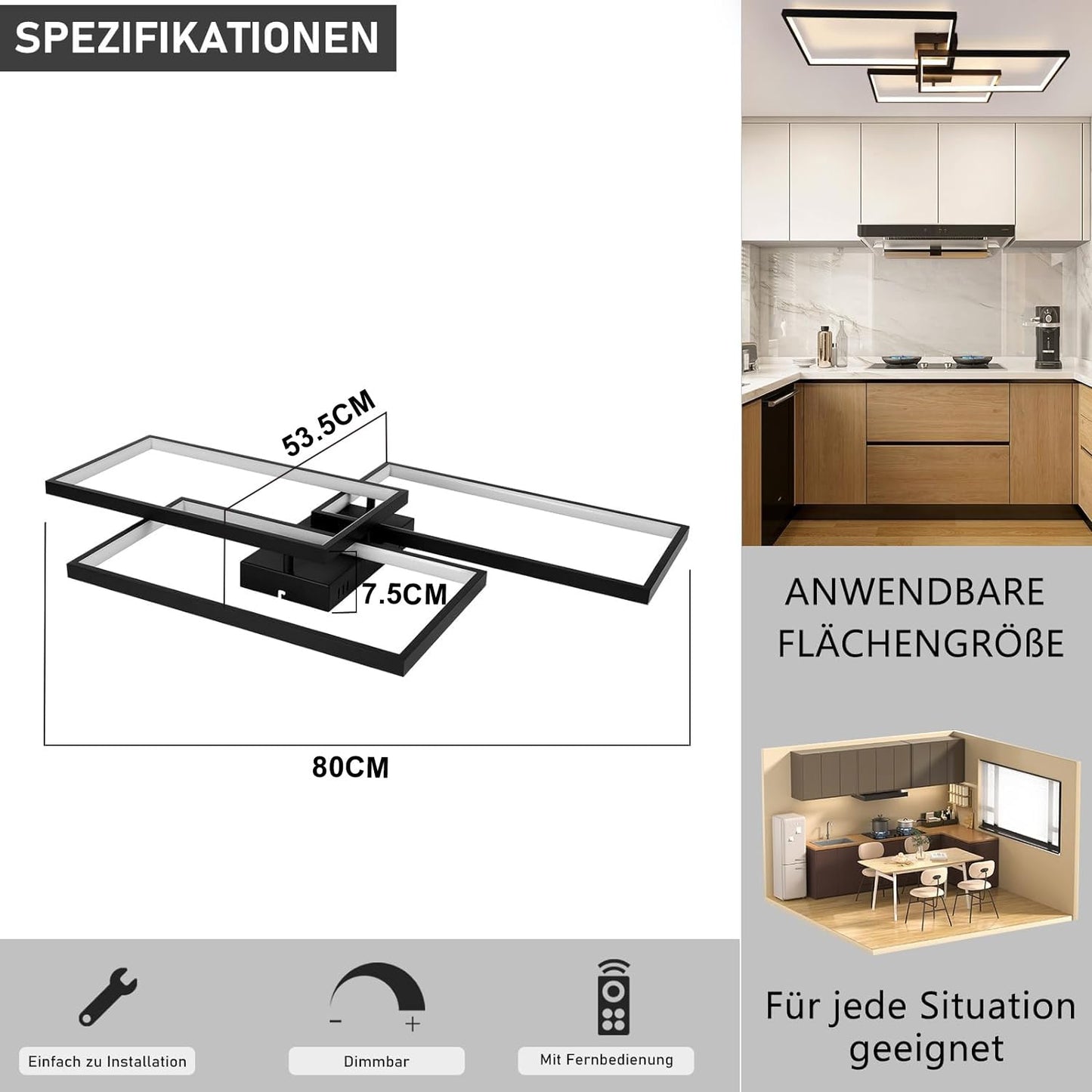 ZMH LED Deckenleuchte Wohnzimmer Deckenlampe - Schwarz 80CM 72W Modern Wohnzimmerlampe Dimmbar mit Fernbedienung Schlafzimmerlampe Rechteck Metall-Design f¨¹r Schlafzimmer Kinderzimmer k¨¹chen