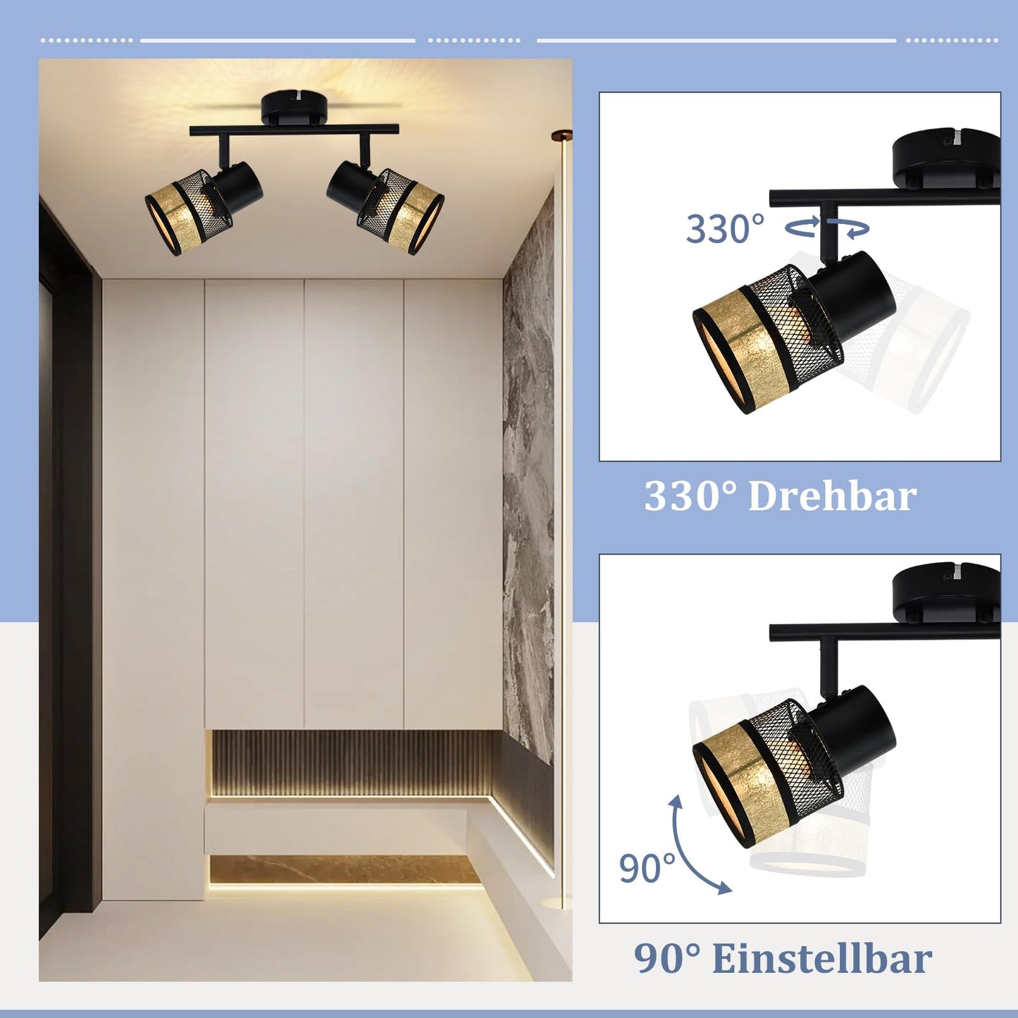 ZMH Deckenstrahler 2 Flammig Schwarz Deckenleuchte - Deckenspot Flur Metall Vintage E27 330¡ãSchwenkbar LED Deckenlampe mit Gold Stoffschirm Max.25W f¨¹r Wohnzimmer Schlafzimmer K¨¹che