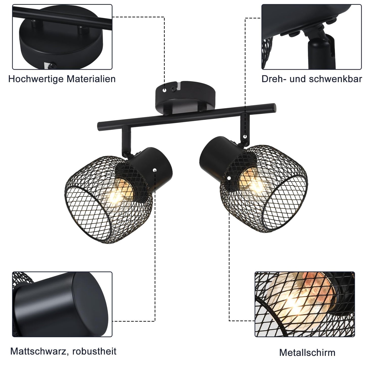 ZMH Deckenleuchte Vintage Deckenstrahler 2 Flammig - Deckenlampe Schwarz Metall LED Drehbar 330¡ãStrahler Innen f¨¹r Flurlampe Wohnzimmer flur Schlafzimmer K¨¹che E27 Max.25W Ohne Leuchtmittel