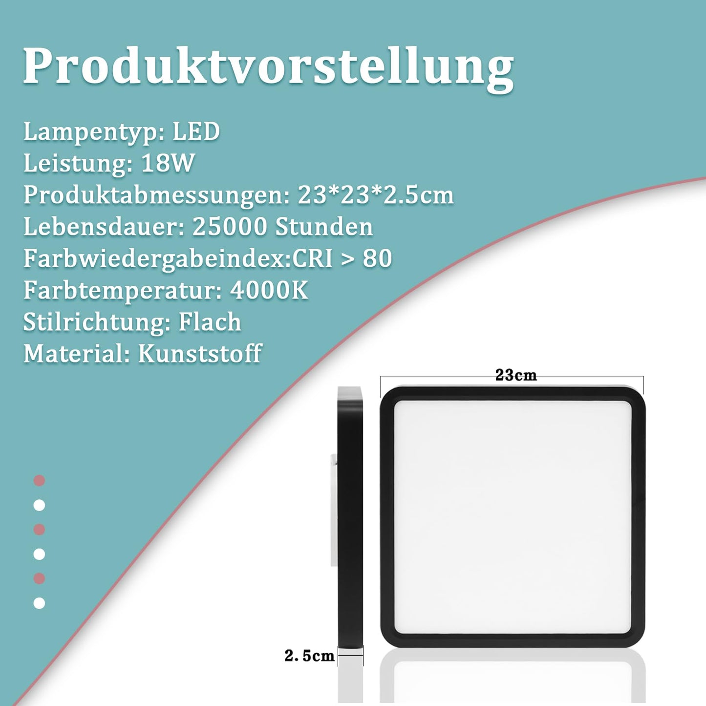 ZMH Deckenlampe LED Deckenleuchte Flach - Schlafzimmerlampe Schwarz Badezimmerlampe 23CM Deckenbeleuchtung Schlafzimmer 18W K¨¹chenlampe Eckig Badlampe Decke Flurlampe 4000K f¨¹r Bad K¨¹che Flur