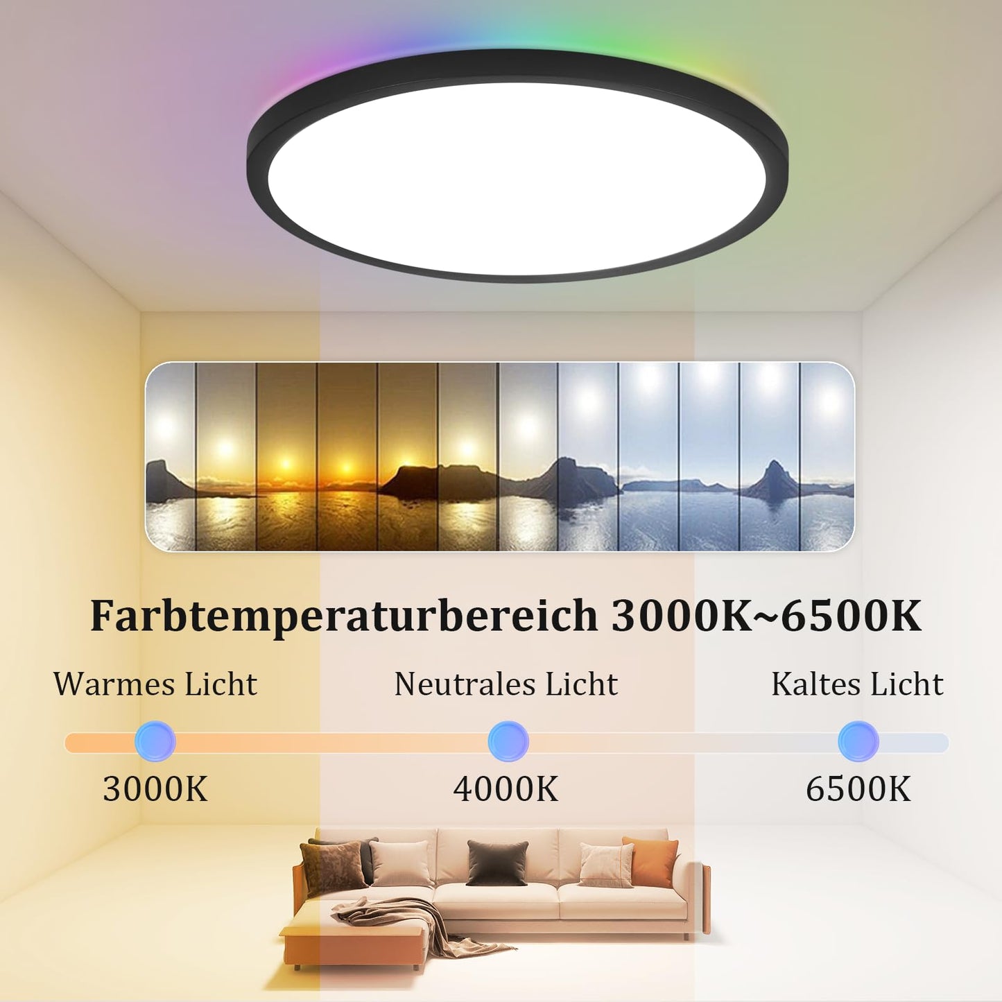ZMH LED Deckenleuchte Flach Deckenlampe Wohnzimmer - 36W Wohnzimmerlampe Dimmbar mit Fernbedienung RGB Farbwechsel Lampe Schlafzimmer Rund Schwarz Rund IP44 Deckenlampe Badezimme