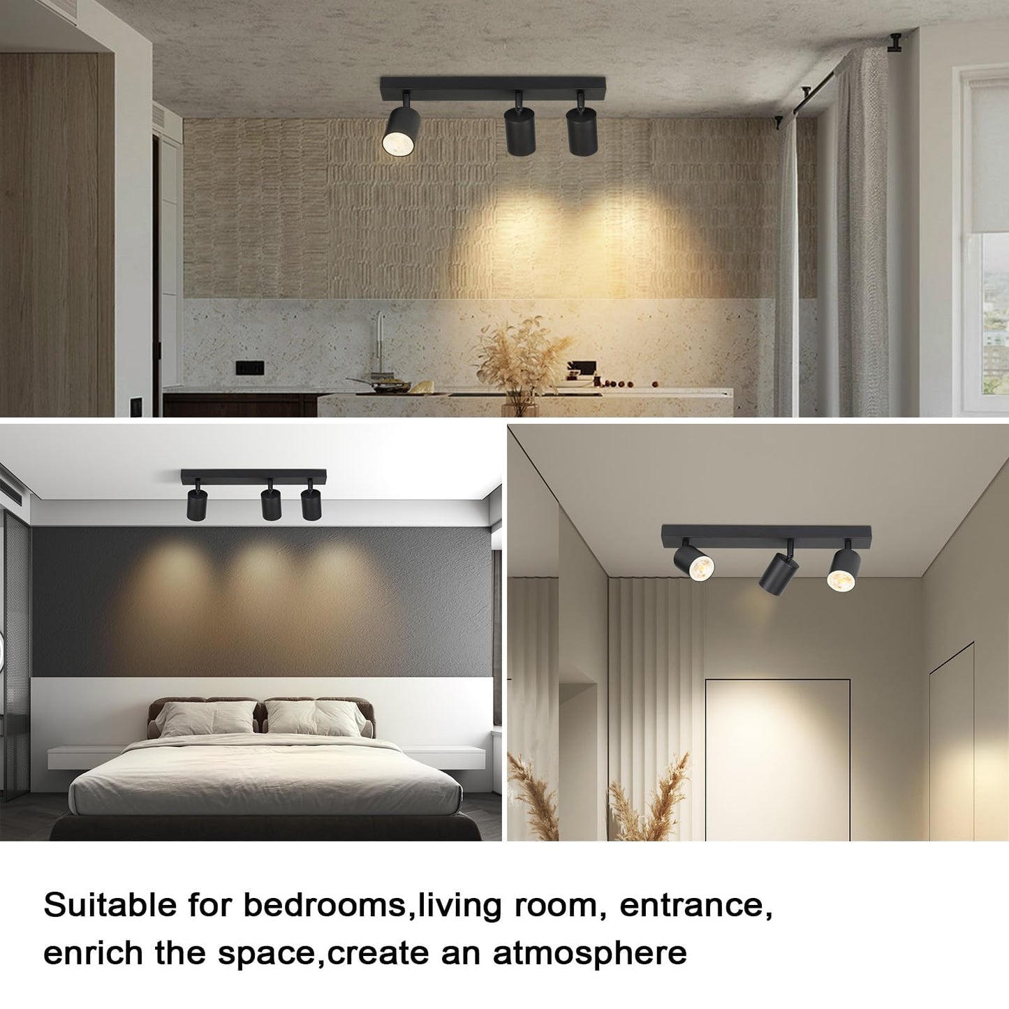 ZMH Deckenleuchte 3 Flammig Deckenlampe Schwarz - Deckenstrahler GU10 Modern Deckenspot K¨¹chelampe Schwenkbar 350¡ã MAX.25W lampe f¨¹r Wohnzimmer Schlafzimmer K¨¹che Flur (ohne Leuchtmittel)