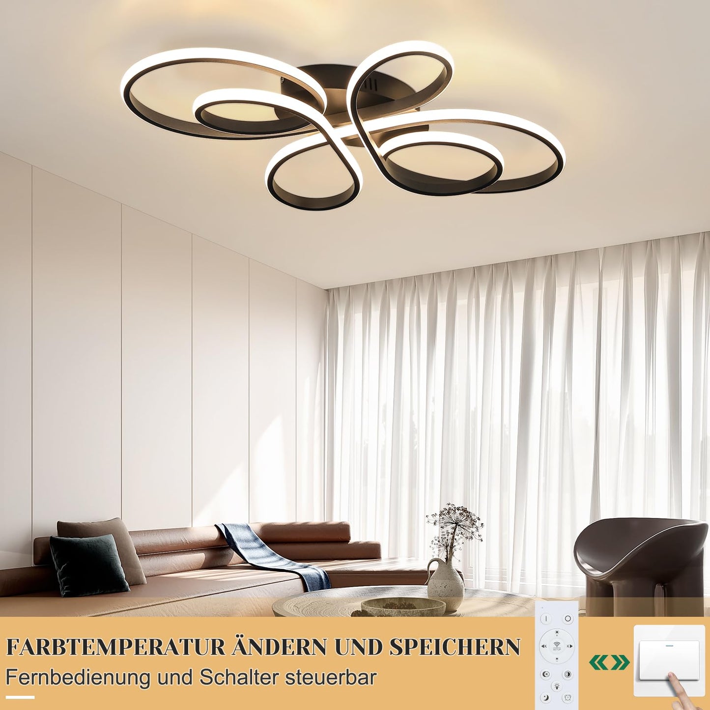 ZMH Deckenlampe LED Deckenleuchte Dimmbar - Wohnzimmerlampe Gro? 100cm Wohnzimmer 90W Modern Schwarz Schlafzimmerlampe mit Fernbedienung Design Deckenbeleuchtung f¨¹r Esszimmer B¨¹ro K¨¹che