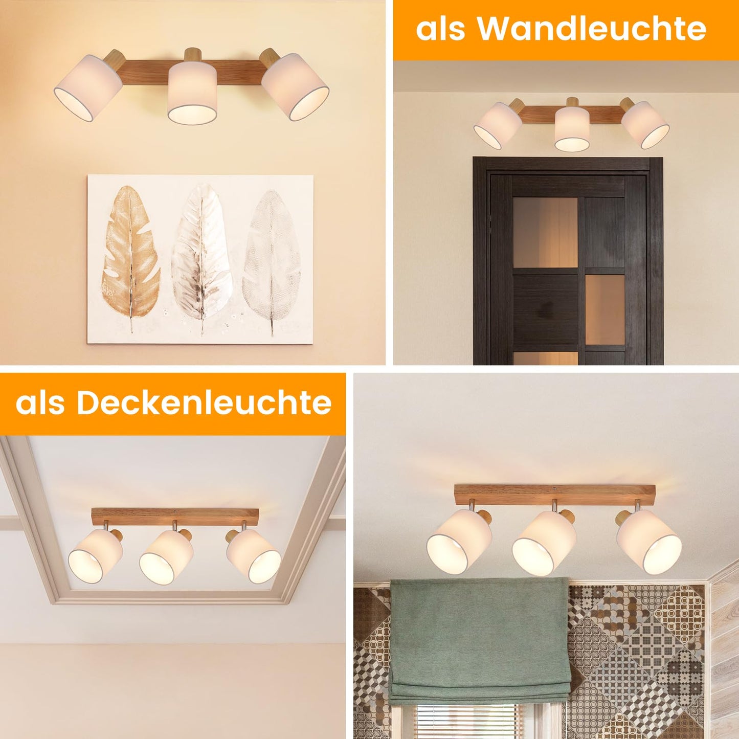 ZMH Deckenleuchte 3 Flammig Deckenlampe Flur - Deckenstrahler Modern Holz Deckenspot Wandstrahler Schwenkbar 350¡ã E14 MAX.25W lampe f¨¹r Wohnzimmer Schlafzimmer K¨¹che (ohne Leuchtmittel)