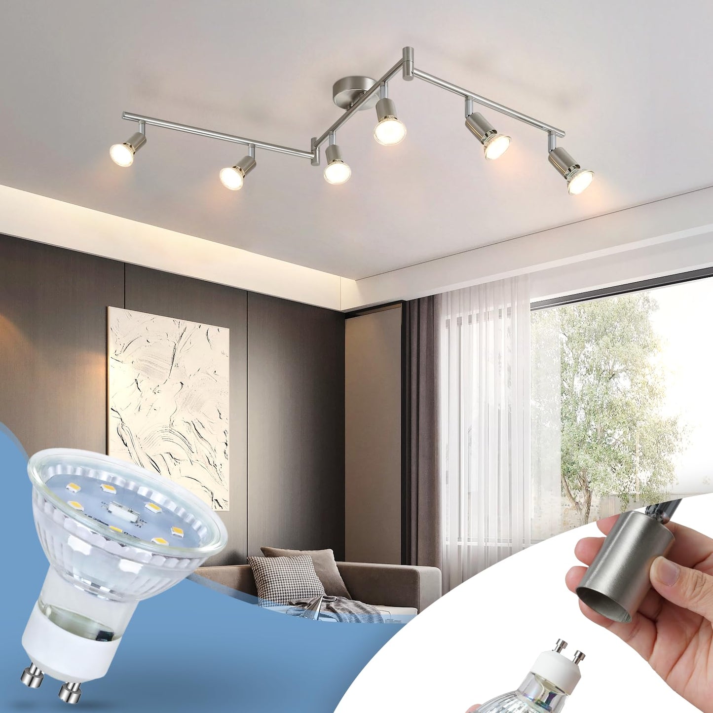 ZMH LED Deckenstrahler 6 Flammig Wohnzimmer - Deckenleuchte Modern Deckenlampe GU10 Deckenspot Schwenkbar 330¡ãDrehbar Spot Strahler Lampe Edelstahl Decke Schlafzimmer innen Ohne Leuchtmittel