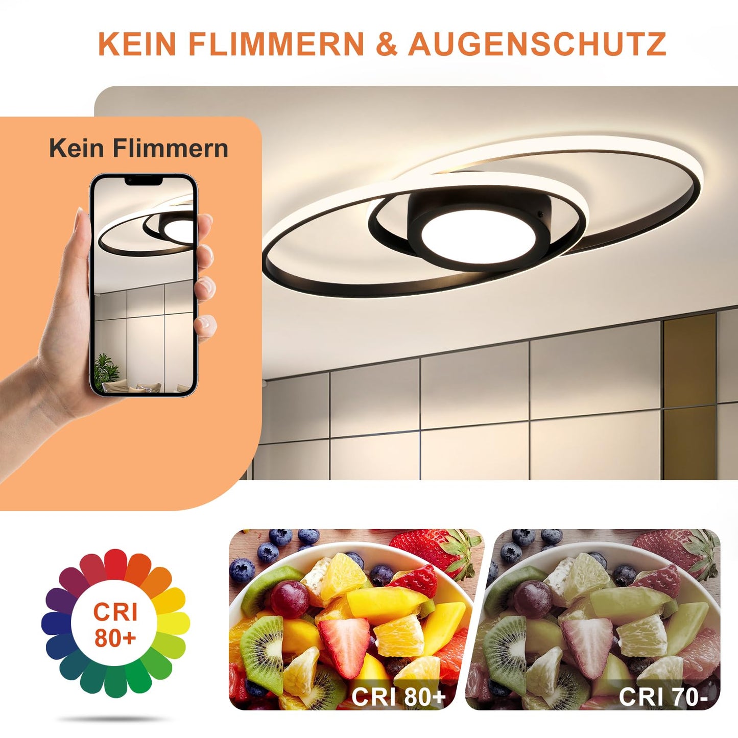 ZMH LED Deckenleuchte Kinderzimmer Dimmbar - Schlafzimmerlampe 48W Schwarz Deckenlampe Wohnzimmer mit Fernbedienung 3000K-6500K Modern f¨¹r Schlafzimmer K¨¹che Balkon