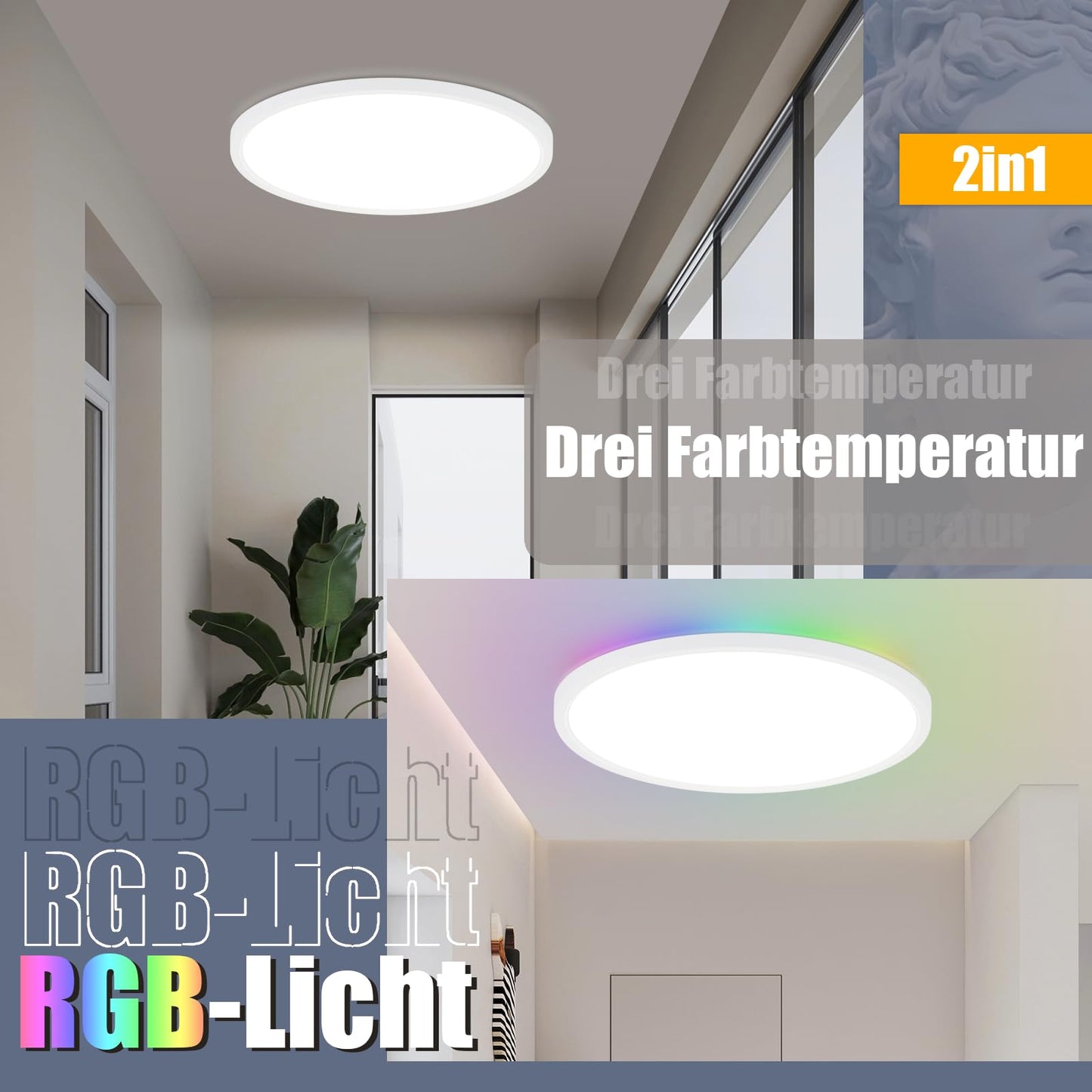 ZMH LED Deckenleuchte Dimmbar Deckenlampe Wohnzimmer - Farbwechsel Wohnzimmerlampe Rund 24W Lampe Schlafzimmer Decke mit Fernbedienung Schlafzimmerlampe K¨¹chenlampe IP44 Badezimmer Lampe 2Set