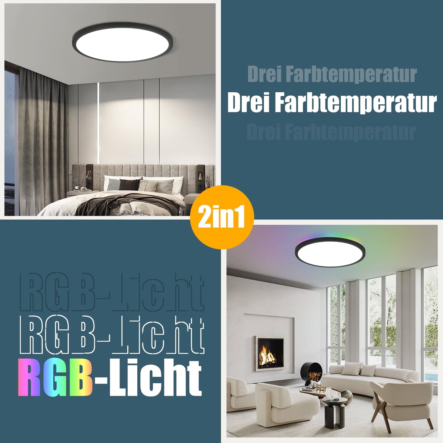 ZMH LED Deckenleuchte Flach Deckenlampe Wohnzimmer - 36W Wohnzimmerlampe Dimmbar mit Fernbedienung RGB Farbwechsel Lampe Schlafzimmer Rund Schwarz Rund IP44 Deckenlampe Badezimme
