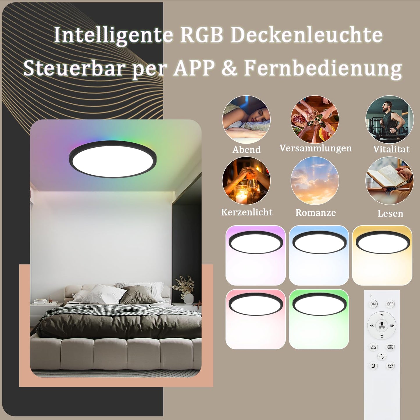 ZMH LED Deckenleuchte Flach Deckenlampe Wohnzimmer - 36W Wohnzimmerlampe Dimmbar mit Fernbedienung RGB Farbwechsel Lampe Schlafzimmer Rund Schwarz Rund IP44 Deckenlampe Badezimme