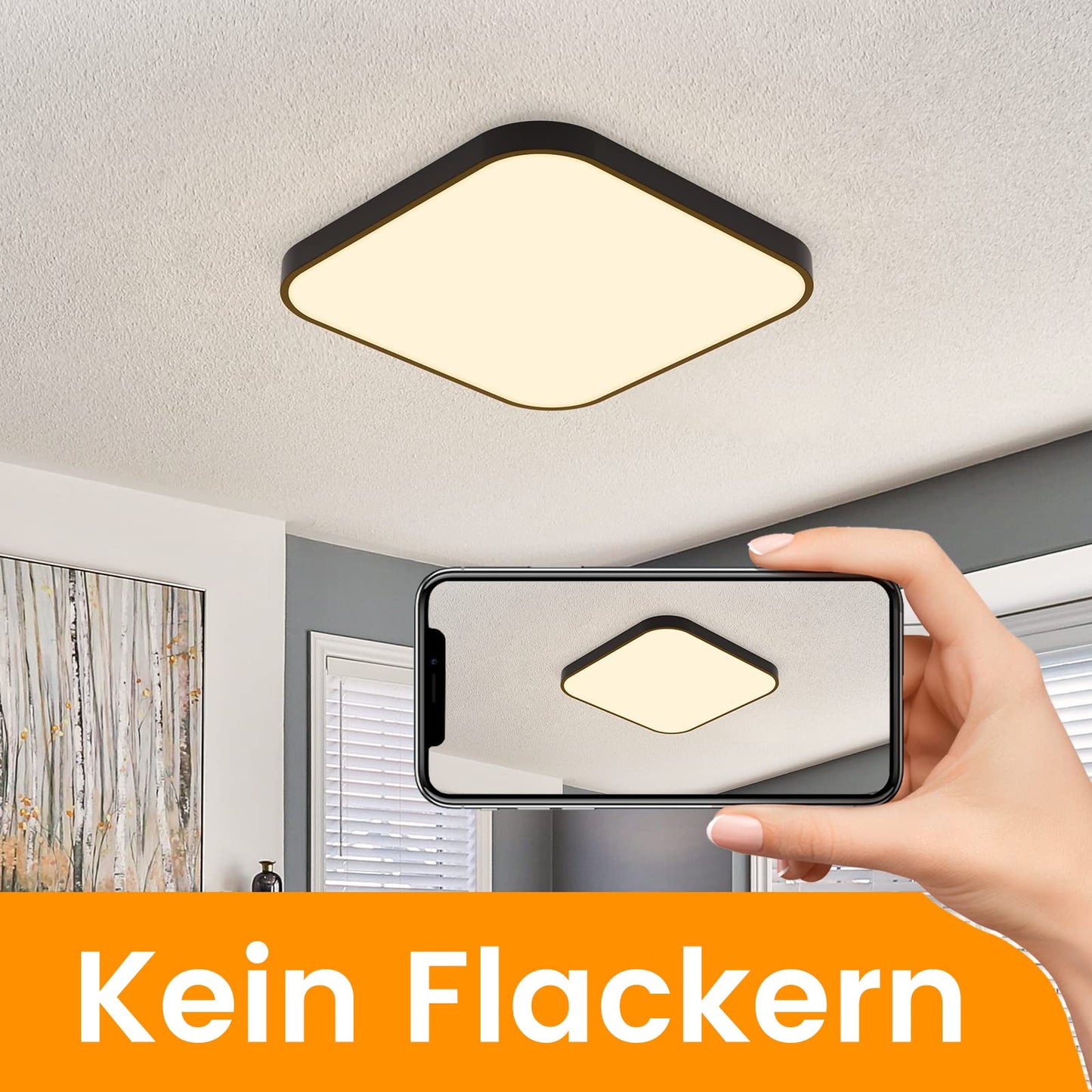 ZMH Deckenlampe LED Deckenleuchte Flach - Schlafzimmerlampe 27cm K¨¹chenlampe Schwarz Badezimmerlampe Warmwei? 19W Schlafzimmer Deckenbeleuchtung Eckig Badlampe IP44 Flurlampe f¨¹r K¨¹che Flur Badezimmer