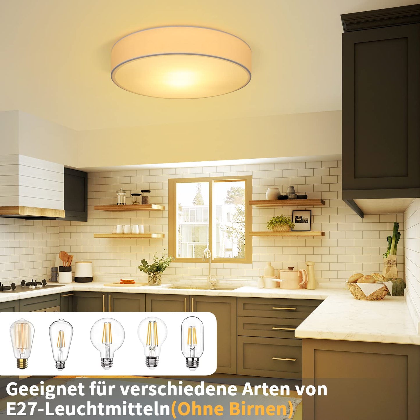 ZMH Deckenlampe Schlafzimmer Deckenleuchte Rund - Modern Schlafzimmerlampe 2 Flammig E27 Stoff Wohnzimmerlampe Wei? 38CM K¨¹chenlampe mit Stoffschirm Flurlampe f¨¹r Wohnzimmer K¨¹che Flur