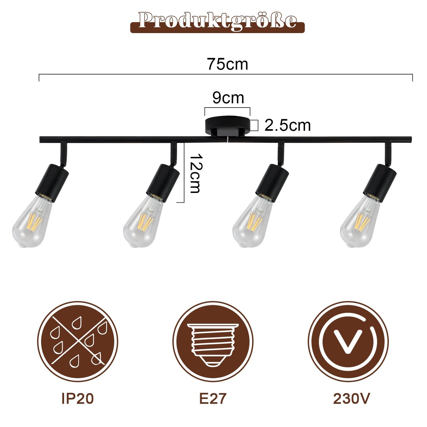 ZMH Deckenleuchte Schwarz Deckenstrahler 4 Flammig - E27 Flur Deckenspot Vintage Deckenlampe Schwenkbar 350¡ã Spots Industrial k¨¹chenlampe f¨¹r K¨¹che Wohnzimmer Schlafzimmer (ohne Leuchtmittel)
