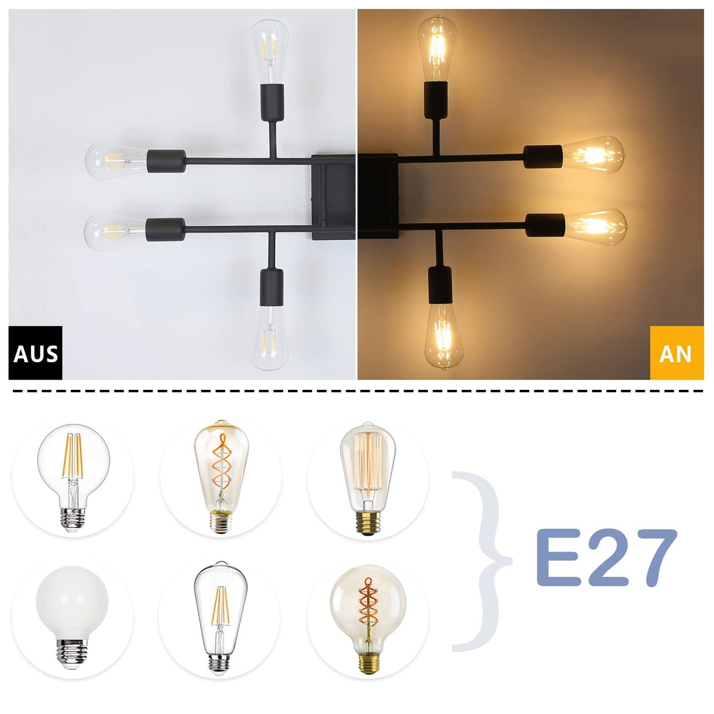 ZMH Deckenlampe Schwarz Deckenleuchte Wohnzimmer - Vintage E27 Lampe 8 Flammig Retro Kronleuchter Modern Metall Pendelleuchte f¨¹r Schlafzimmer K¨¹che Esszimmer Flur