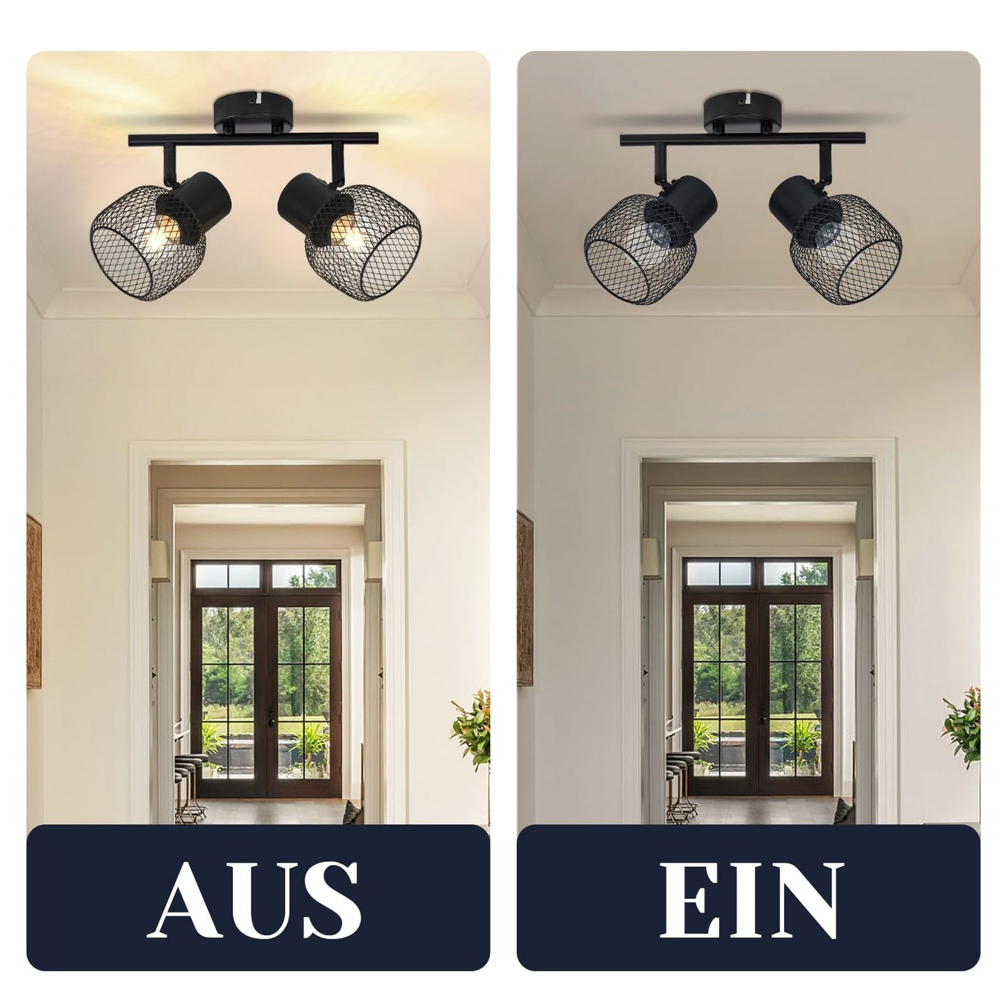 ZMH Deckenleuchte Vintage Deckenstrahler 2 Flammig - Deckenlampe Schwarz Metall LED Drehbar 330¡ãStrahler Innen f¨¹r Flurlampe Wohnzimmer flur Schlafzimmer K¨¹che E27 Max.25W Ohne Leuchtmittel