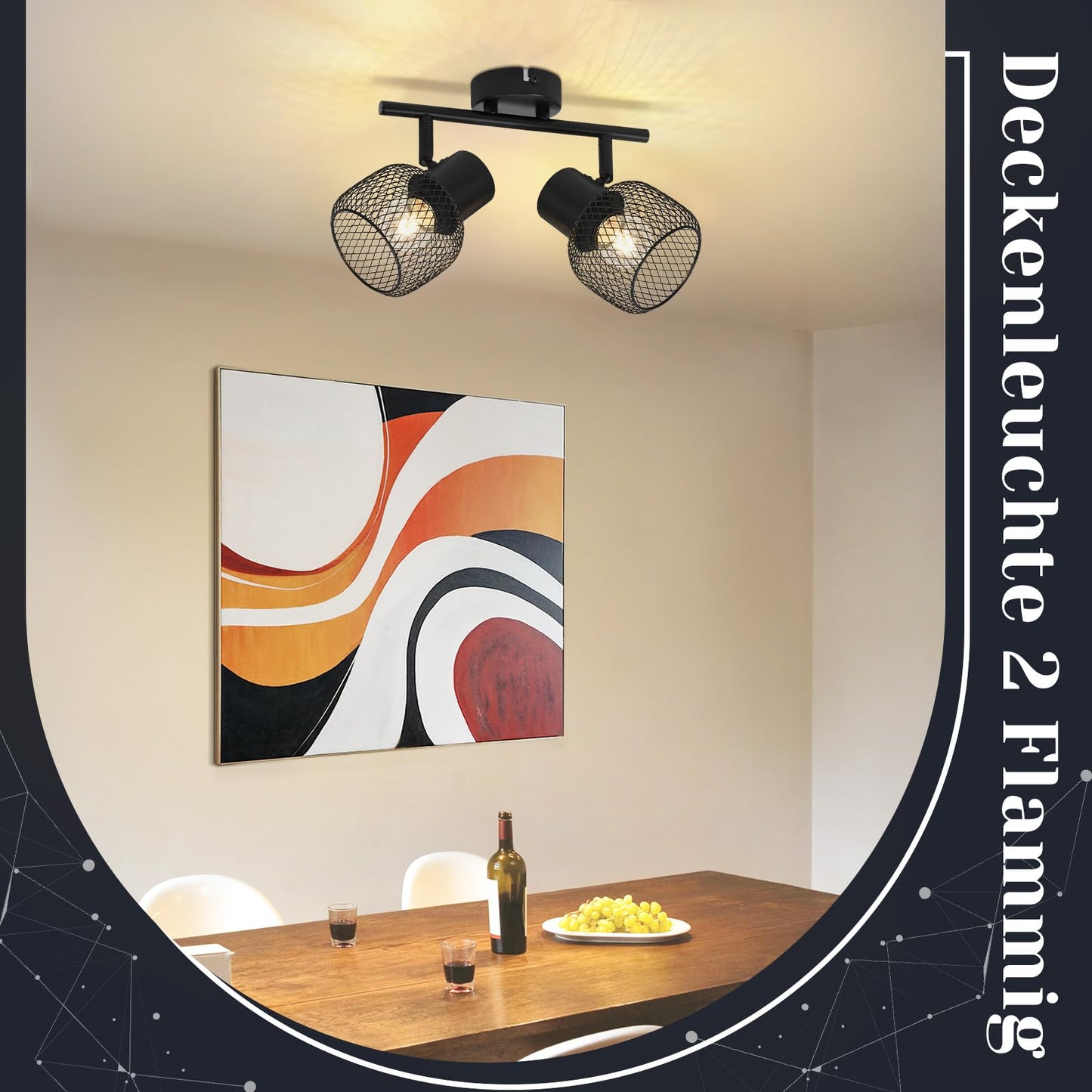 ZMH Deckenleuchte Vintage Deckenstrahler 2 Flammig - Deckenlampe Schwarz Metall LED Drehbar 330¡ãStrahler Innen f¨¹r Flurlampe Wohnzimmer flur Schlafzimmer K¨¹che E27 Max.25W Ohne Leuchtmittel