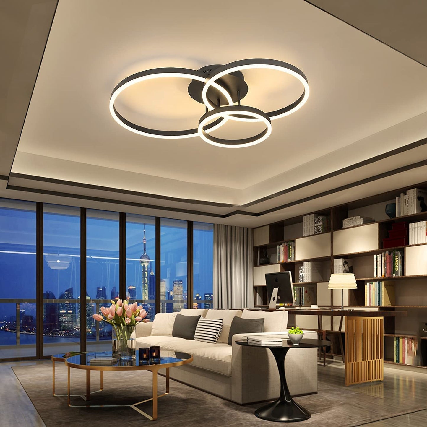 ZMH Deckenlampe LED Deckenleuchte Wohnzimmer - Schwarz Dimmbar 82CM Wohnzimmerlampe mit Fernbedienung 74W mit 3 Ringen Design aus Acryl f¨¹r Schlafzimmer B¨¹ro K¨¹che Arbeitszimmer Hotel