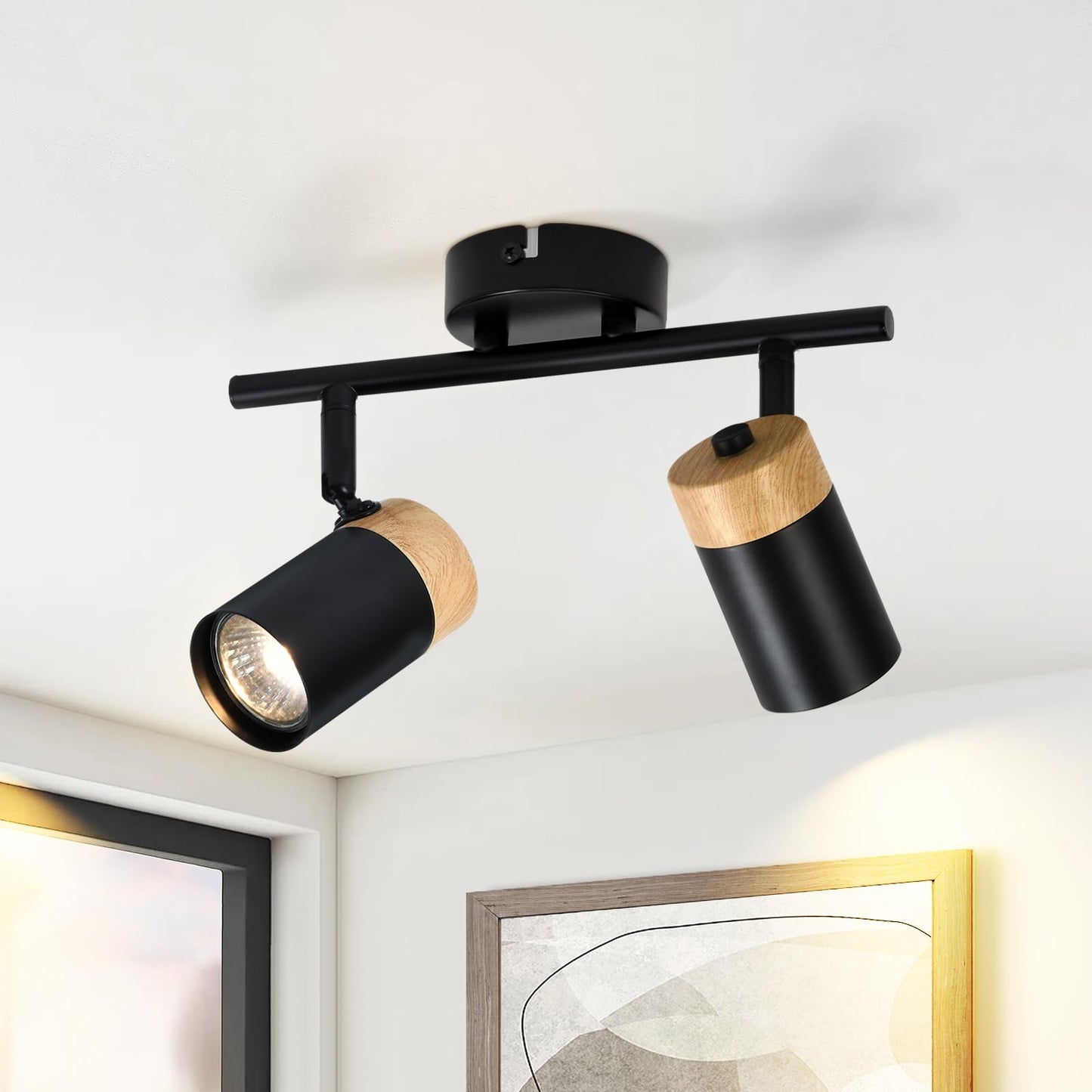 ZMH Deckenstrahler 2 Flammig Holz Deckenlampe - GU10 LED Deckenleuchte Schwarz Schwenkbar 330¡ã Spotlight f¨¹r Flur Garage Wohnzimmer Schlafzimmer K¨¹che Ohne Leuchtmittel