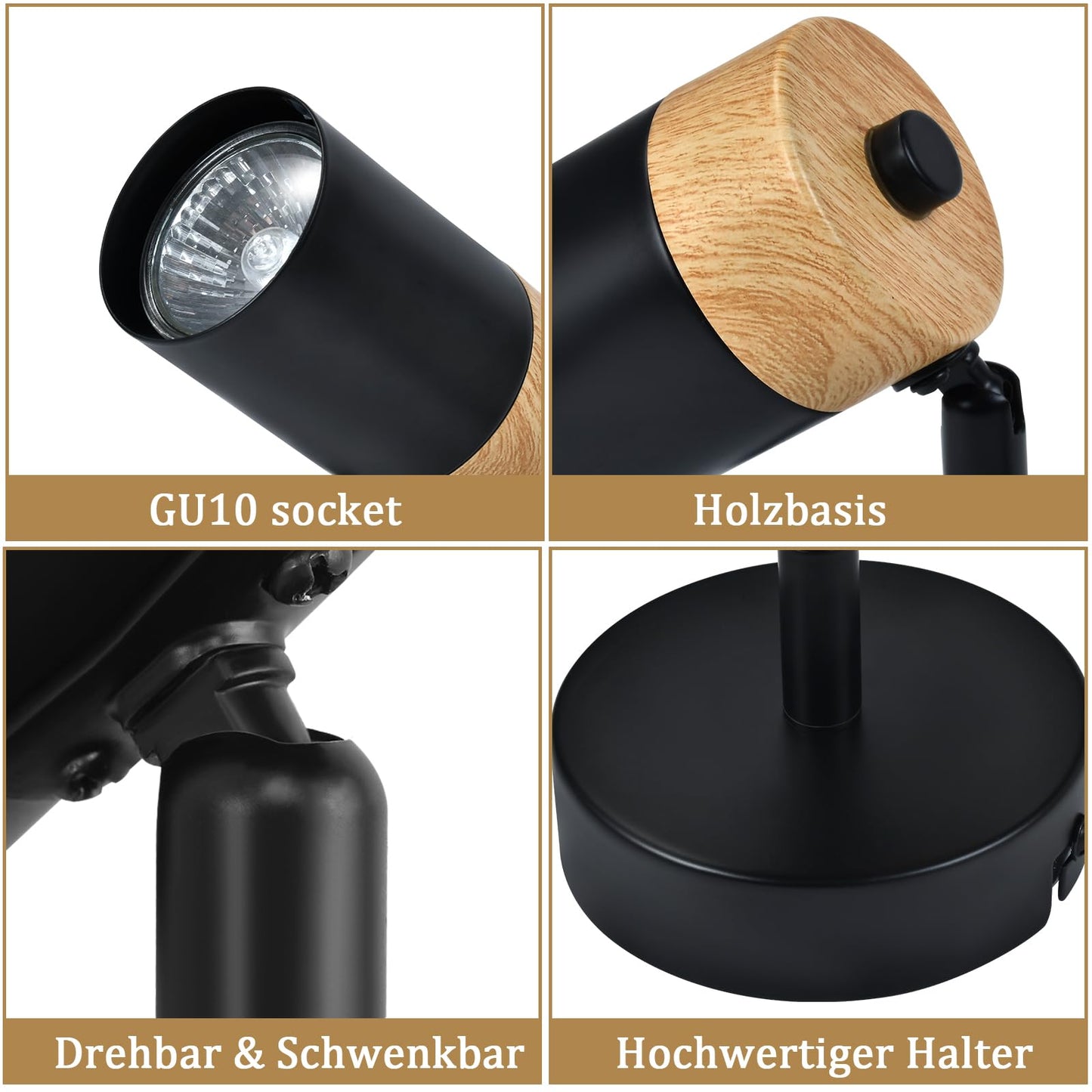 ZMH Deckenstrahler Holz Deckenleuchte 1 Flammig - Deckenspots GU10 Schwenkbar 330¡ã LED Flurlampe Schwarz Vintage Deckenlampe Innen f¨¹r Gang Flur Wohnzimmer Schlafzimmer K¨¹che Ohne Leuchtmittel