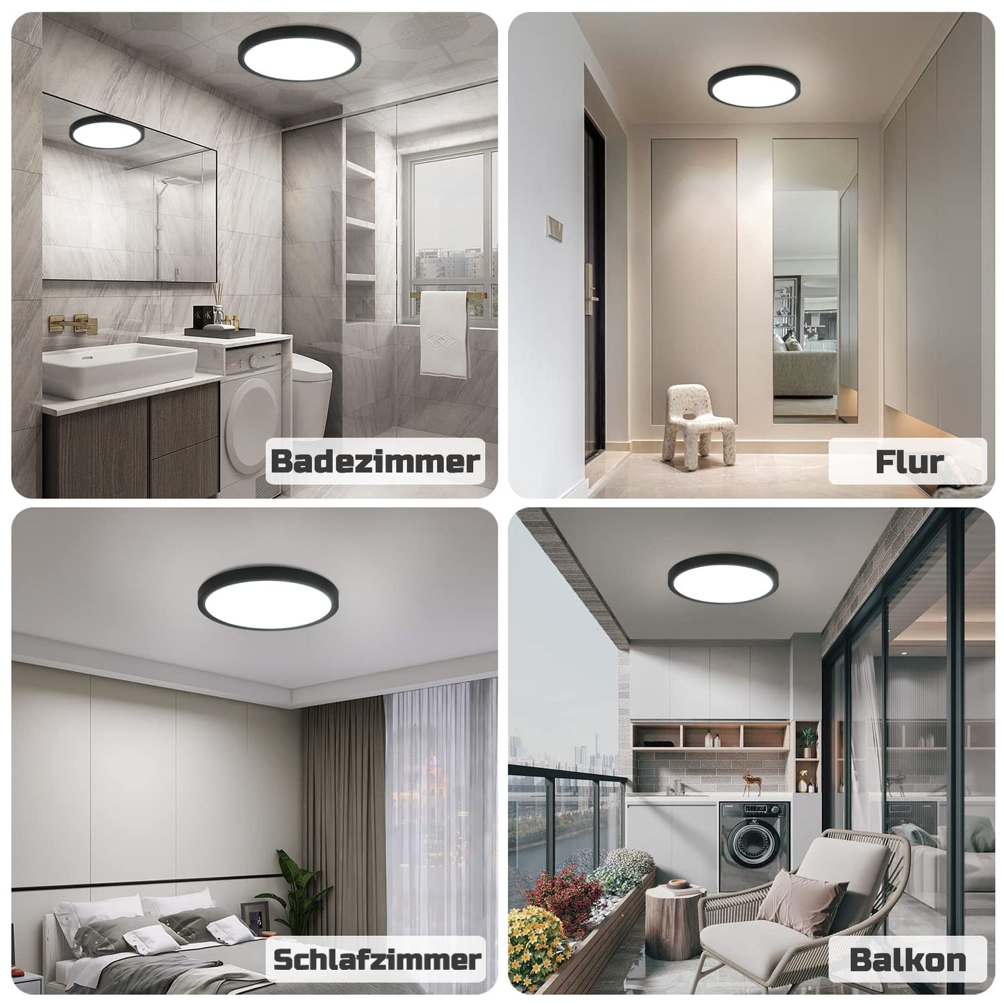 ZMH Deckenlampe LED Deckenleuchte Flach - 3ER Badezimmerlampe Schwarz ?22cm Badezimmer Deckenbeleuchtung 15W Schlafzimmerlampe IP44 Wasserdicht Badlampe Rund K¨¹chenlampe Kaltwei? f¨¹r Bad Schlafzimmer