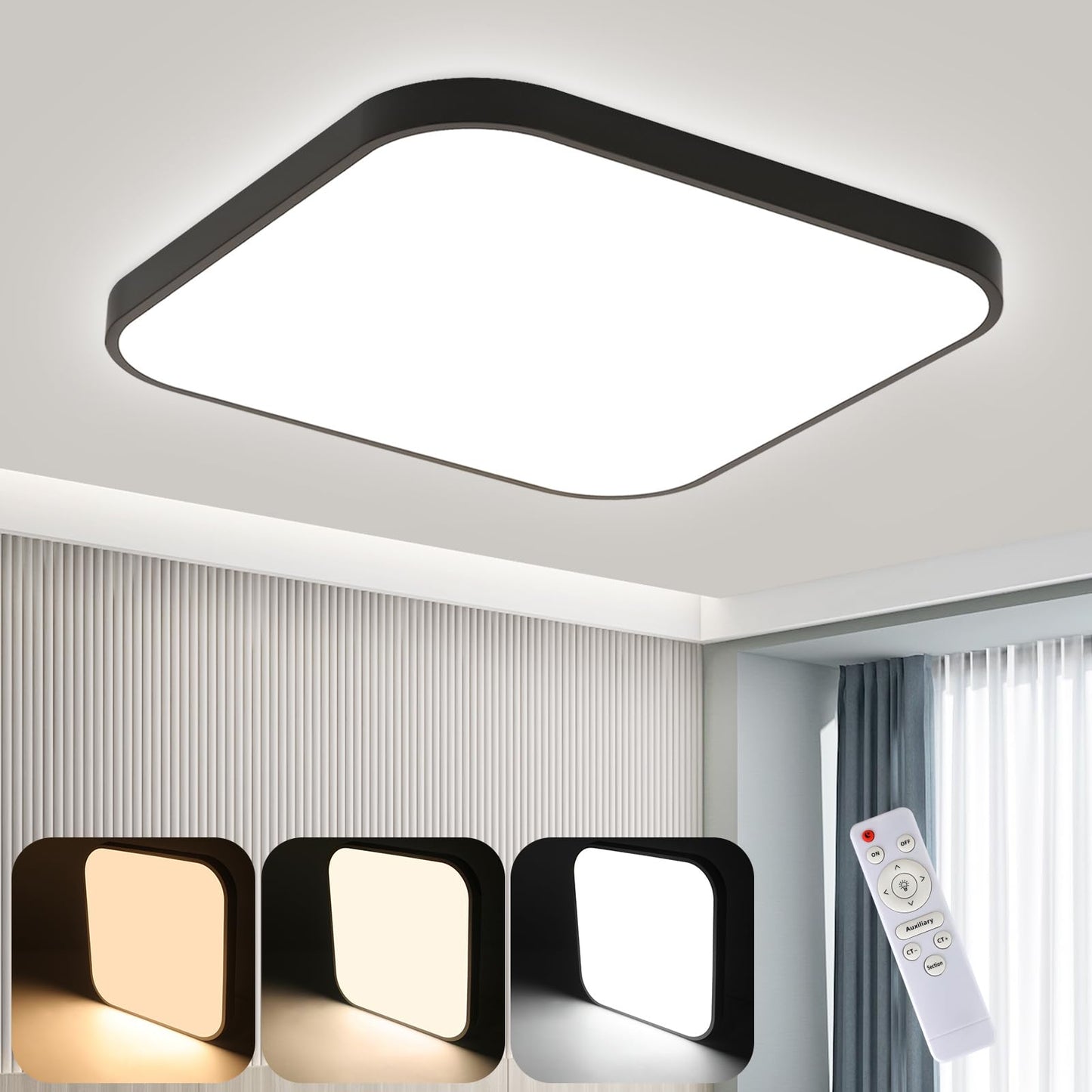 ZMH Deckenlampe LED Deckenleuchte Schlafzimmer - Schlafzimmerlampe Flach 27cm K¨¹chenlampe Schwarz Dimmbar mit Fernbedienung Bad Deckenbeleuchtung Eckig Badlampe IP44 15W f¨¹r K¨¹che Flur Badezimmer