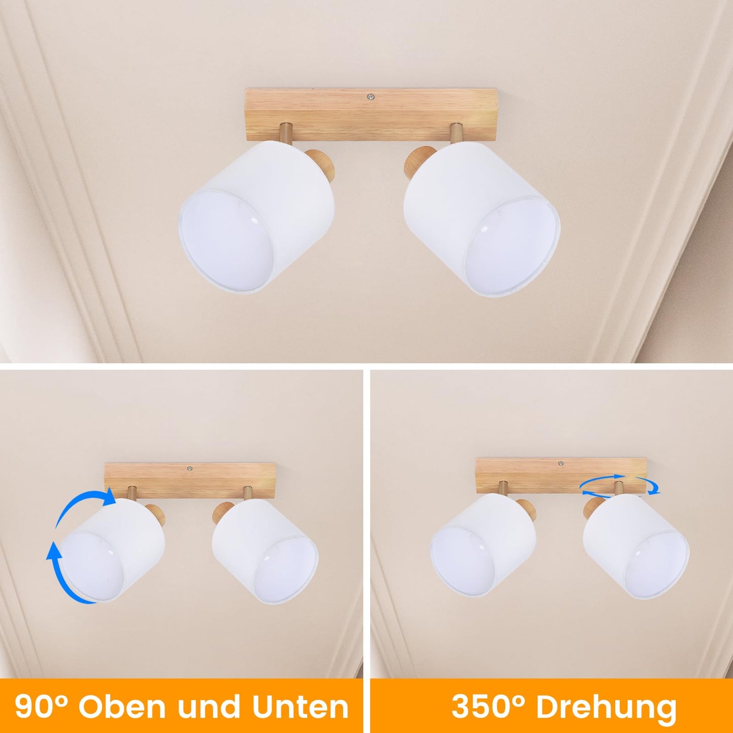 ZMH Deckenleuchte 2 Flammig Deckenlampe Flur - Deckenstrahler Vintage Holz Deckenspot Wandstrahler Schwenkbar 350¡ã E14 MAX.25W lampe f¨¹r Wohnzimmer Schlafzimmer K¨¹che (ohne Leuchtmittel)