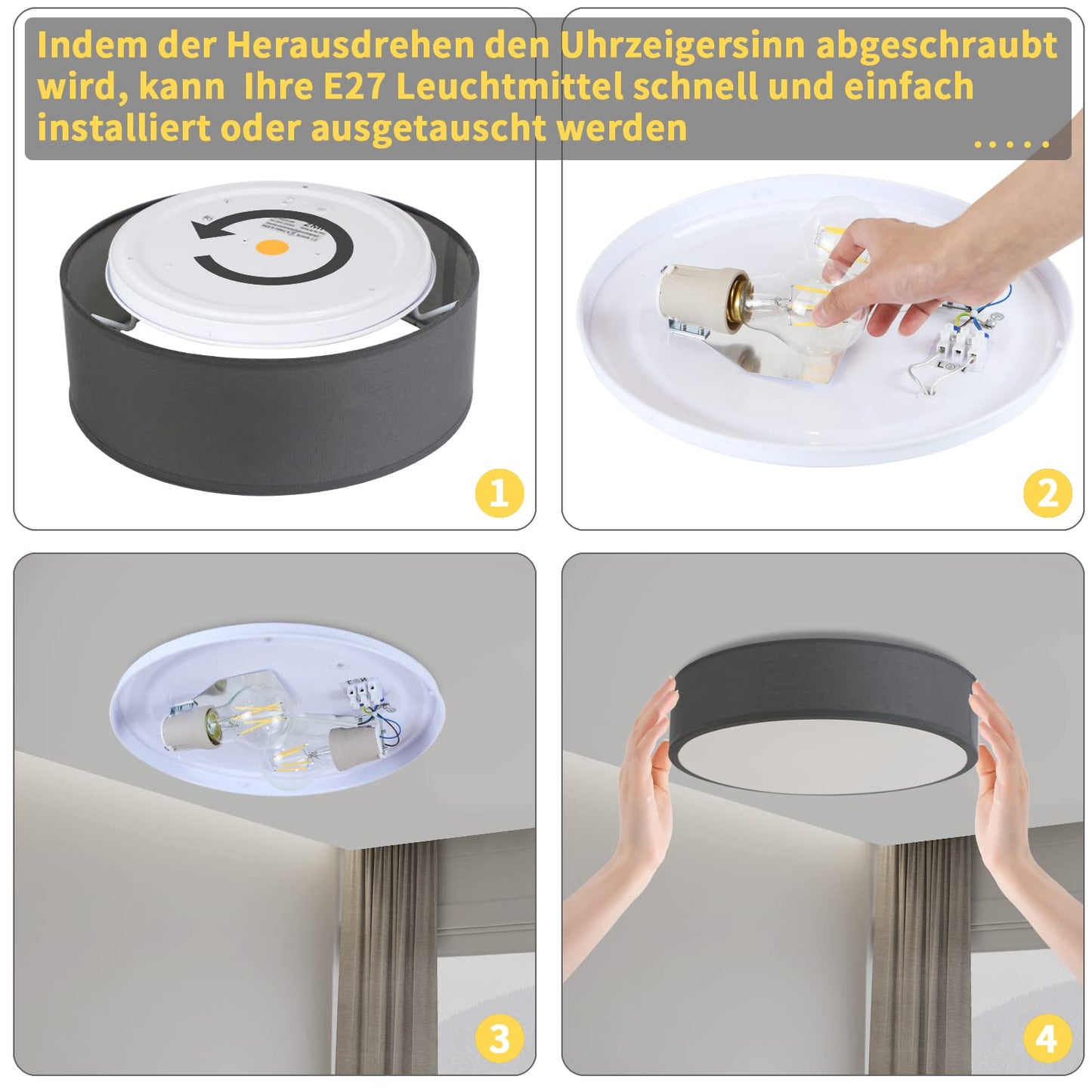 ZMH Deckenlampe Rund Deckenleuchte Schlafzimmer - Grau Stoff Wohnzimmerlampe 2 Flammig E27 Schlafzimmerlampe Modern K¨¹chenlampe mit Stoffschirm Flurlampe f¨¹r Wohnzimmer K¨¹che Flur ?38CM