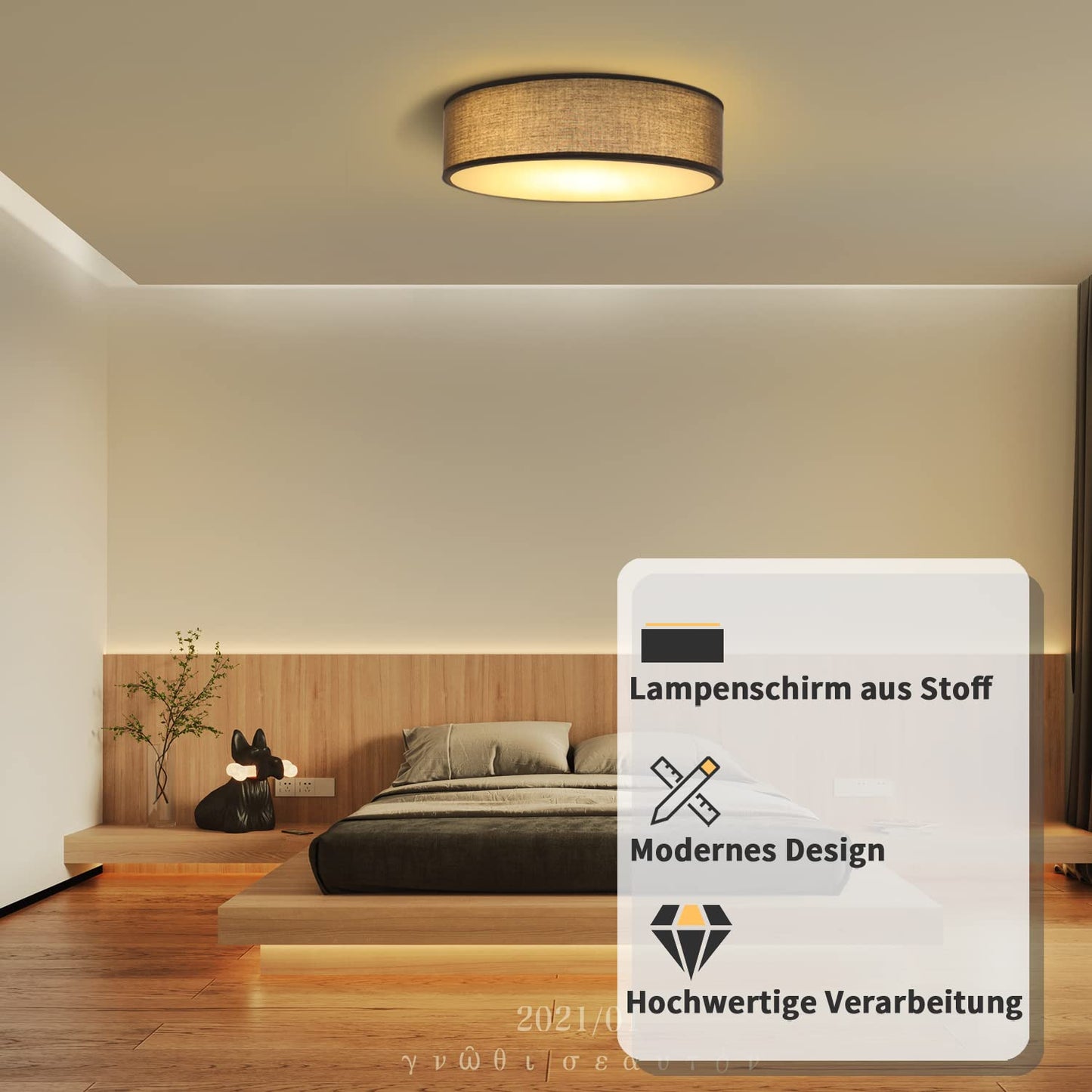 ZMH Deckenlampe Rund Deckenleuchte Schlafzimmer - Grau Stoff Wohnzimmerlampe 2 Flammig E27 Schlafzimmerlampe Modern K¨¹chenlampe mit Stoffschirm Flurlampe f¨¹r Wohnzimmer K¨¹che Flur ?38CM