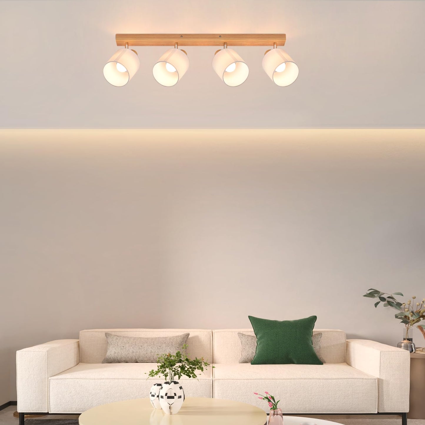 ZMH Deckenstrahler 4 Flammig Deckenlampe Wohnzimmer - Holz Deckenleuchte Modern Deckenspot E14 Schwenkbar 350¡ã MAX.25W k¨¹chenlampe Stoffschrim f¨¹r Schlafzimmer K¨¹che Flur (ohne Leuchtmittel)