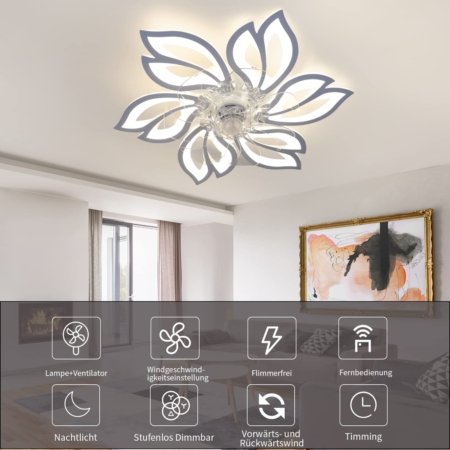 ZMH Deckenventilator Mit Beleuchtung und Fernbedienung Leise - LED Deckenlampe Dimmbar Ventilator Timing Deckenleuchte Kreativer 6 Lichter Design Wohnzimmer Fan Sommer-/Winter f¨¹r Schlafzimmer