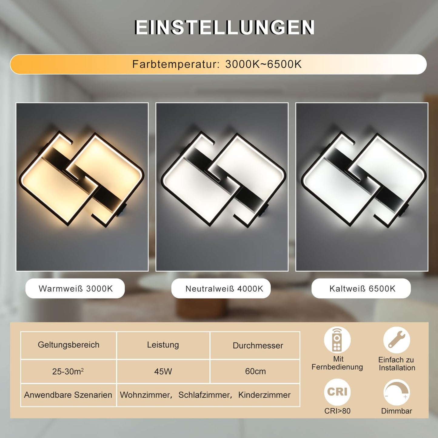 ZMH Deckenlampe LED Deckenleuchte Wohnzimmer Dimmbar mit Fernbedienung 45W 60CM Schwarz Wohnzimmerlampe aus Metall Modern Design Schlafzimmerlampe f¨¹r Schlafzimmer Esszimmer K¨¹chen Arbeitszimmer