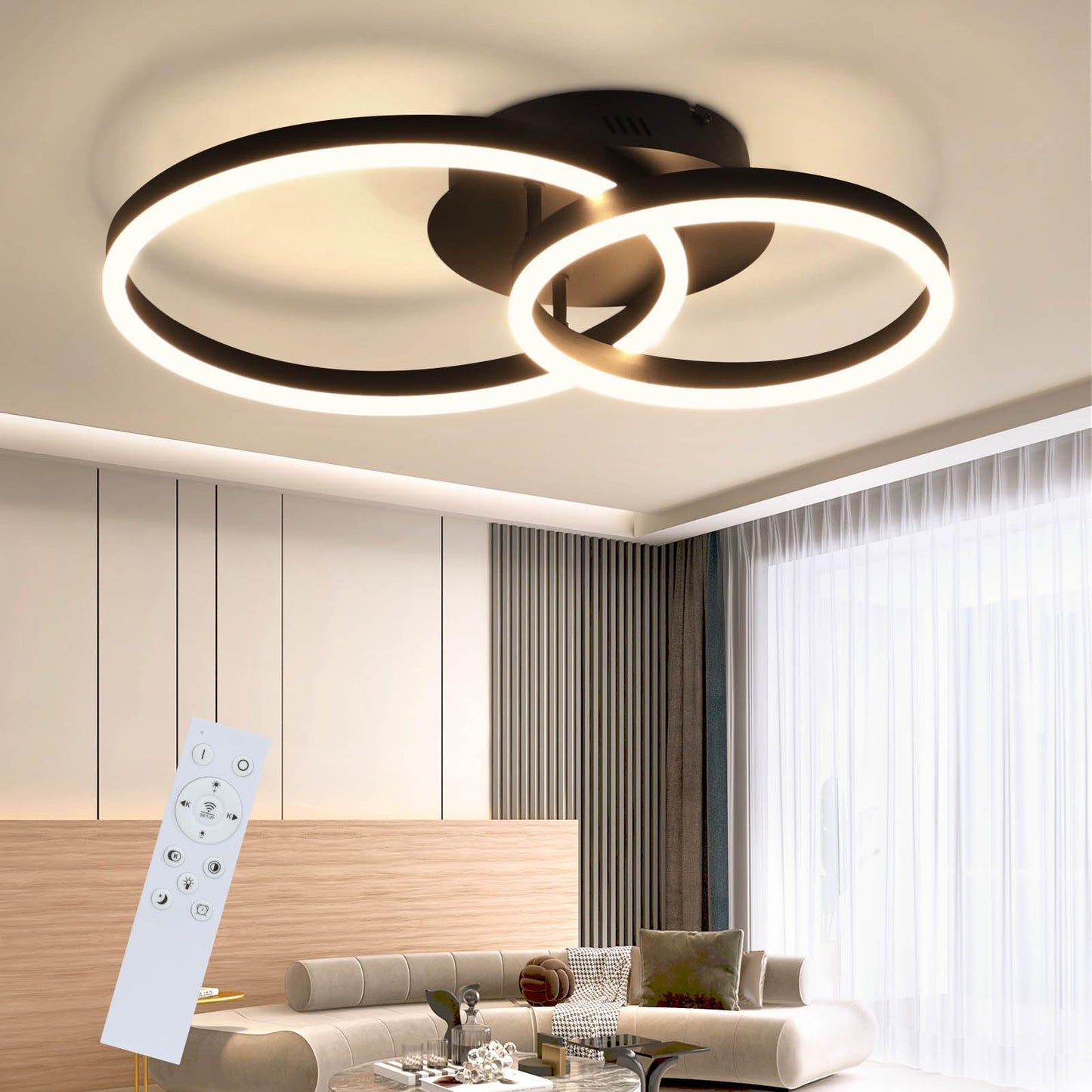 ZMH LED Deckenlampe Dimmbar Deckenleuchte Wohnzimmer Schwarz Wohnzimmerlampe Modern Schlafzimmerlampe 46W 2-Ringen f¨¹r Schlafzimmer Arbeitszimmer B¨¹ro K¨¹chen Hotel Restaurant Esszimmer- 59*40*12CM