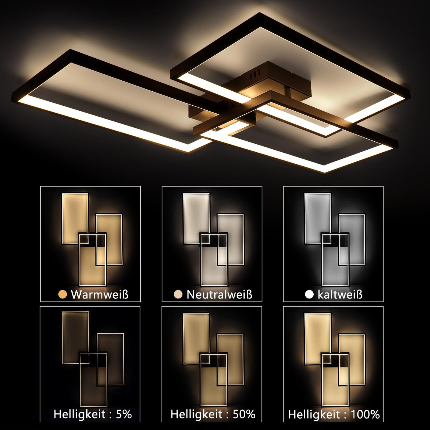 ZMH LED Deckenleuchte Wohnzimmer Deckenlampe - Schwarz 80CM 72W Modern Wohnzimmerlampe Dimmbar mit Fernbedienung Schlafzimmerlampe Rechteck Metall-Design f¨¹r Schlafzimmer Kinderzimmer k¨¹chen