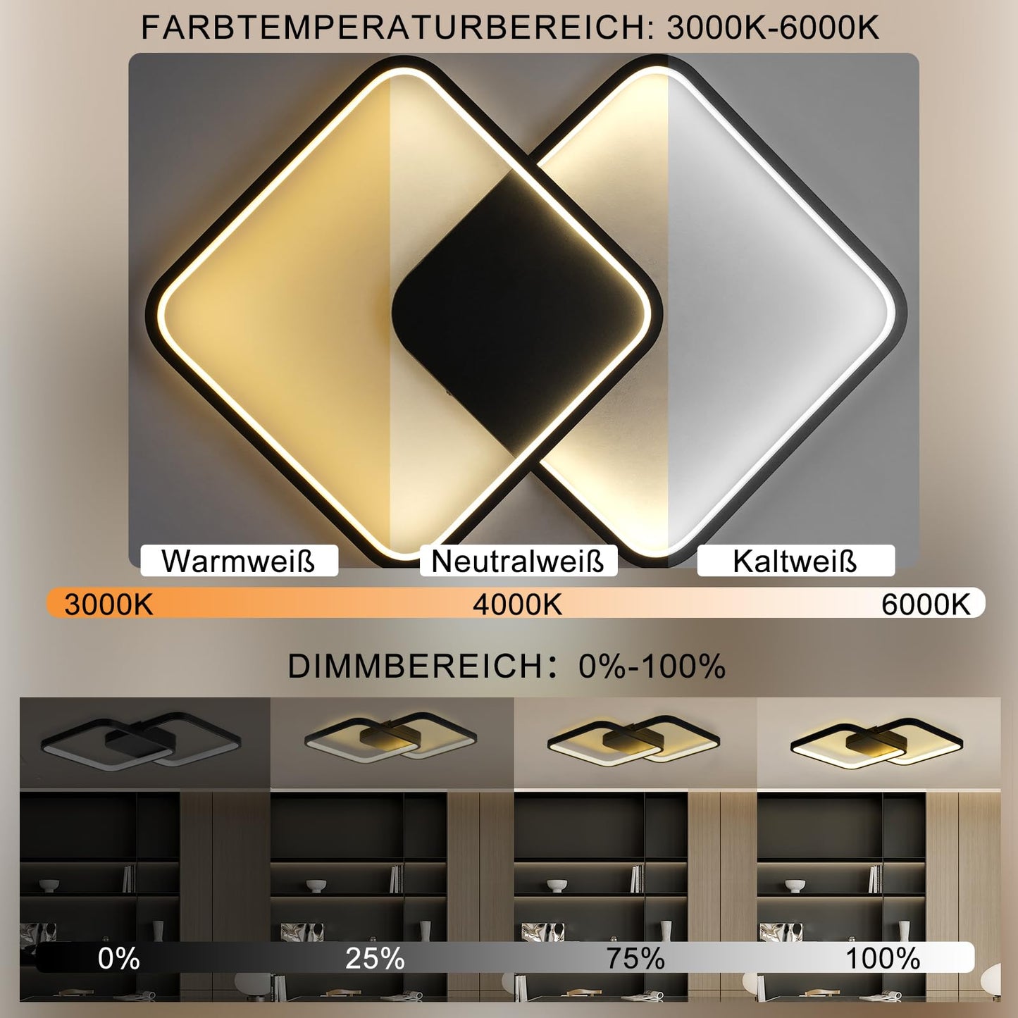 ZMH LED Deckenleuchte Wohnzimmer Deckenlampe - Schwarz Modern Wohnzimmerlampe 55W 43CM Dimmbar mit Fernbedienung Schlafzimmerlampe Metall Design k¨¹chenlampe f¨¹r Schlafzimmer Kinderzimmer