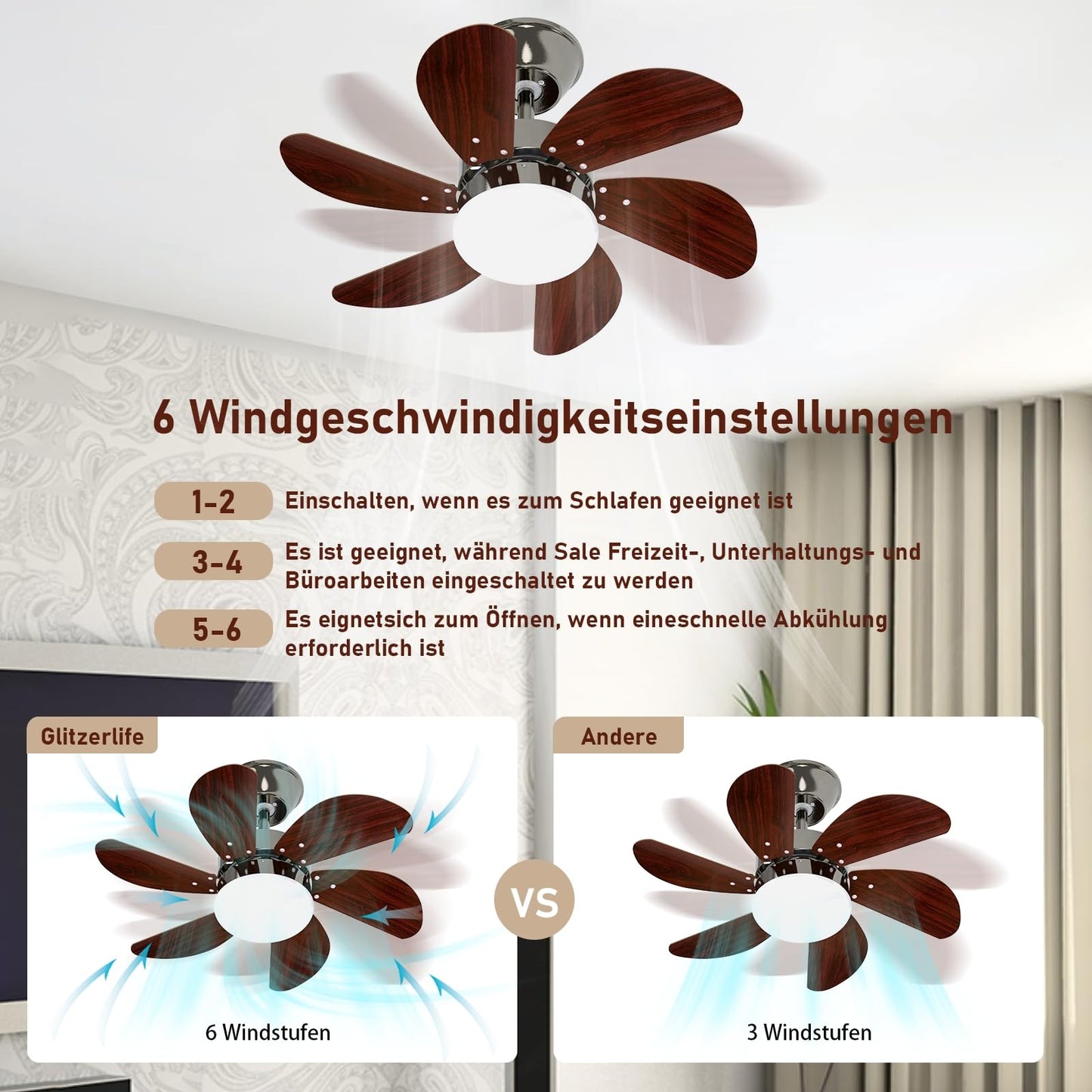 ZMH Deckenventilator Mit Beleuchtung und Fernbedienung Leise - Deckenlampe Wohnzimmer 6 Fl¨¹geln ?75 cm Ventilator Timing Deckenleuchte Fan Sommer-/Winter f¨¹r Schlafzimmer Esszimmer/Chrom