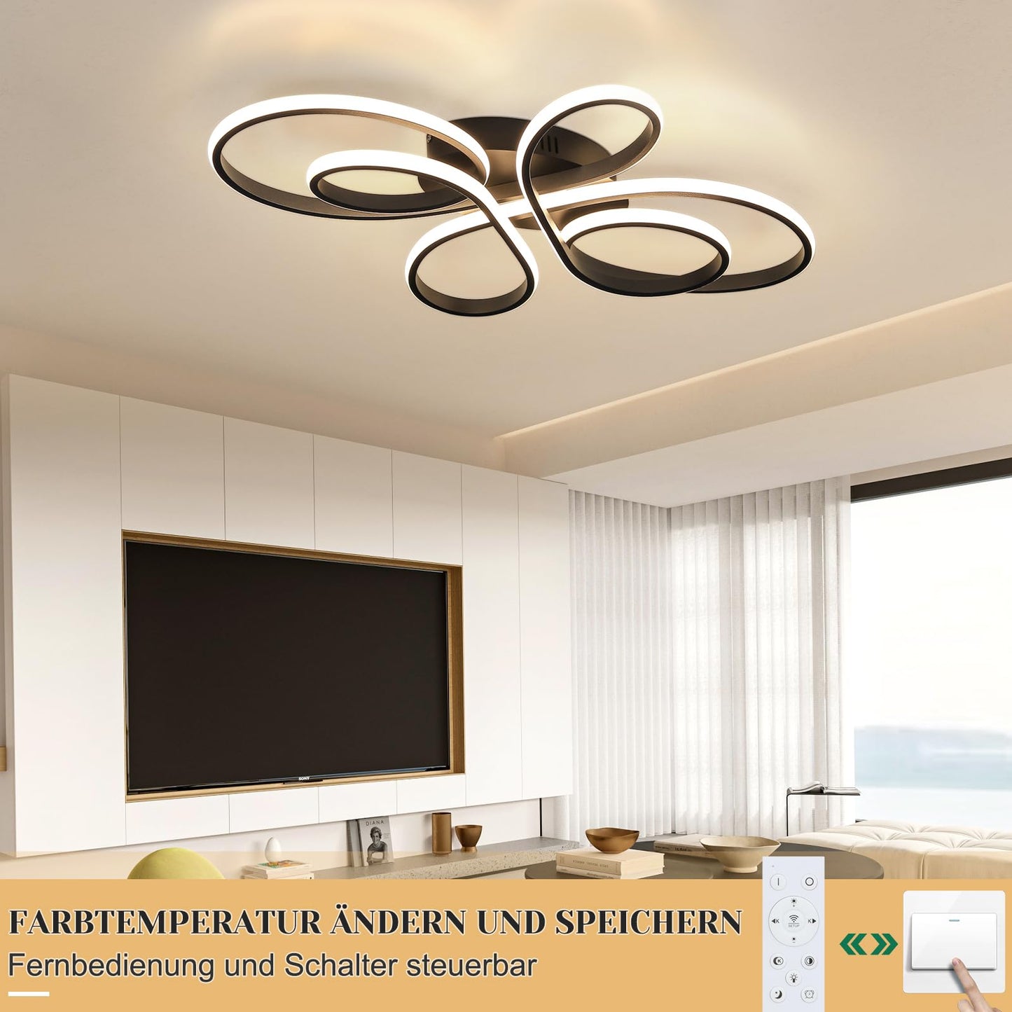 ZMH Deckenlampe LED Deckenleuchte Schwarz - Dimmbar Wohnzimmerlampe 80cm Wohnzimmer 78W Modern Schlafzimmerlampe Schlafzimmer mit Fernbedienung Design Deckenbeleuchtung Gro? f¨¹r Esszimmer B¨¹ro K¨¹che