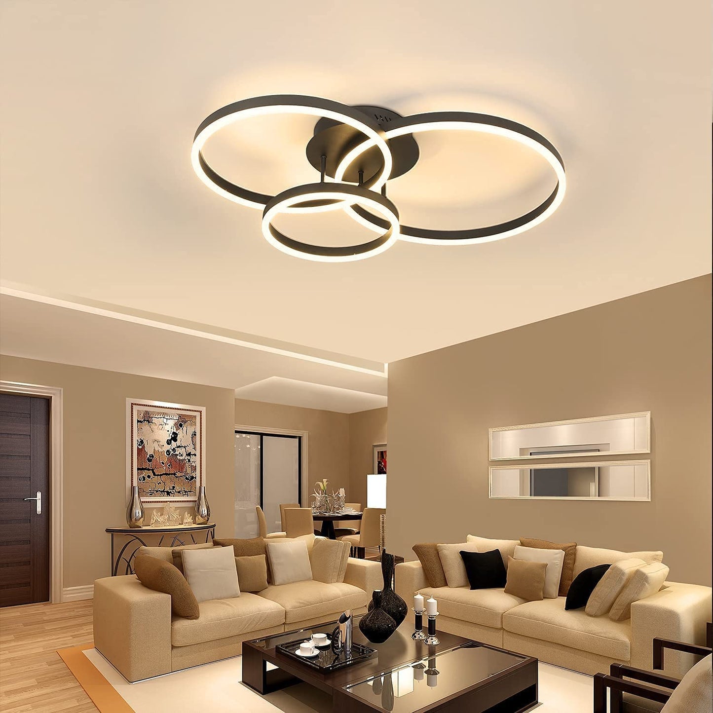 ZMH Deckenlampe LED Deckenleuchte Wohnzimmer - Schwarz Dimmbar 82CM Wohnzimmerlampe mit Fernbedienung 74W mit 3 Ringen Design aus Acryl f¨¹r Schlafzimmer B¨¹ro K¨¹che Arbeitszimmer Hotel
