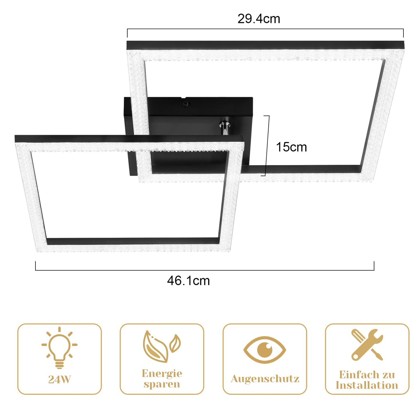 ZMH LED Deckenlampe Wohnzimmer Deckenleuchte - Schwarz 3000K Warmwei? Wohnzimmerlampe Modern Kristall Schlafzimmerlampe 24W Deckenbeleuchtung f¨¹r K¨¹che Schlafzimmer Flur