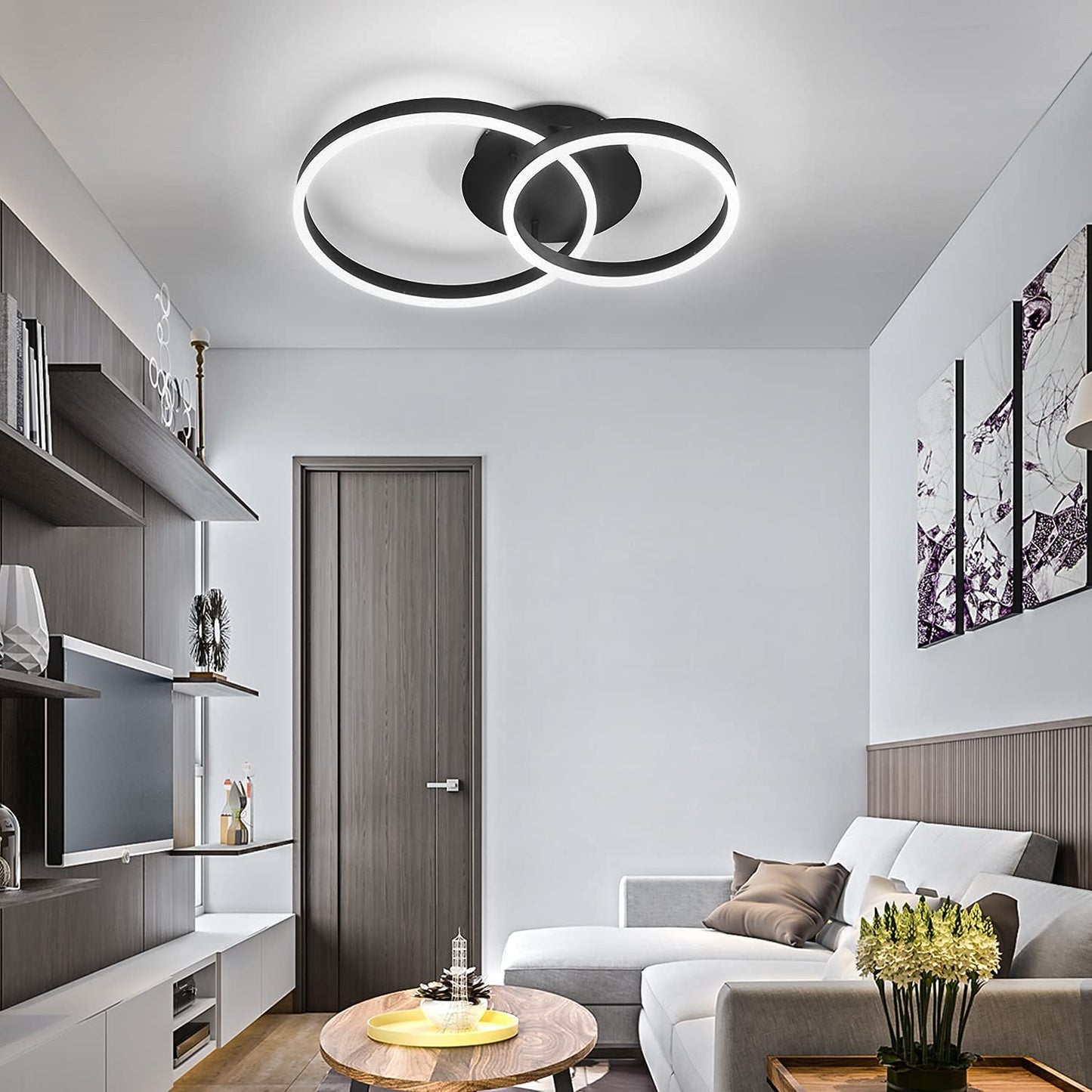 ZMH LED Deckenlampe Dimmbar Deckenleuchte Wohnzimmer Schwarz Wohnzimmerlampe Modern Schlafzimmerlampe 46W 2-Ringen f¨¹r Schlafzimmer Arbeitszimmer B¨¹ro K¨¹chen Hotel Restaurant Esszimmer- 59*40*12CM