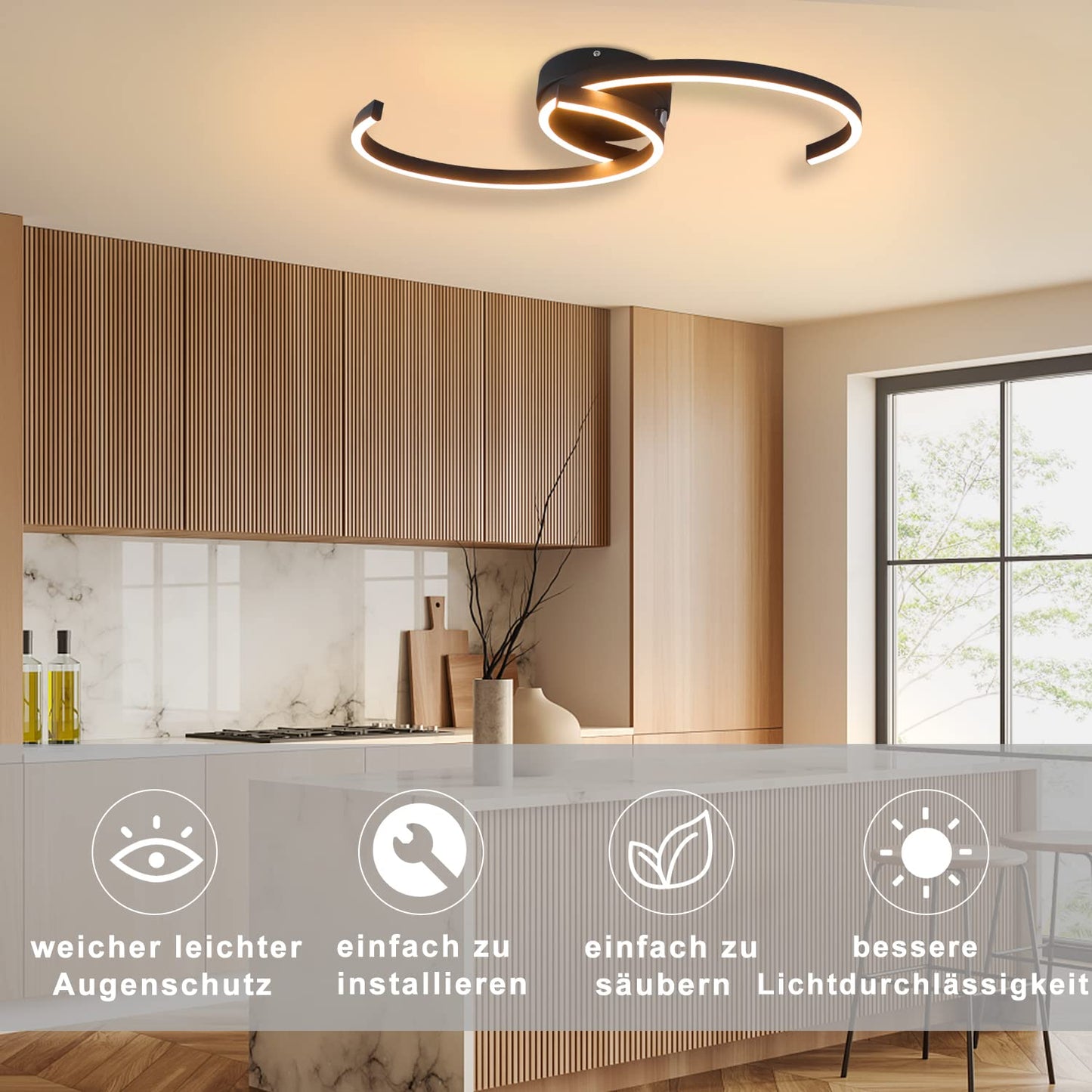 ZMH Deckenlampe LED Deckenleuchte Wohnzimmer - Wohnzimmerlampe Modern 60CM Schlafzimmerlampe Schwarz 24W Schlafzimmer Deckenbeleuchtung Flurlampe Warmwei? f¨¹r Schlafzimmer K¨¹che Flur Esszimmer