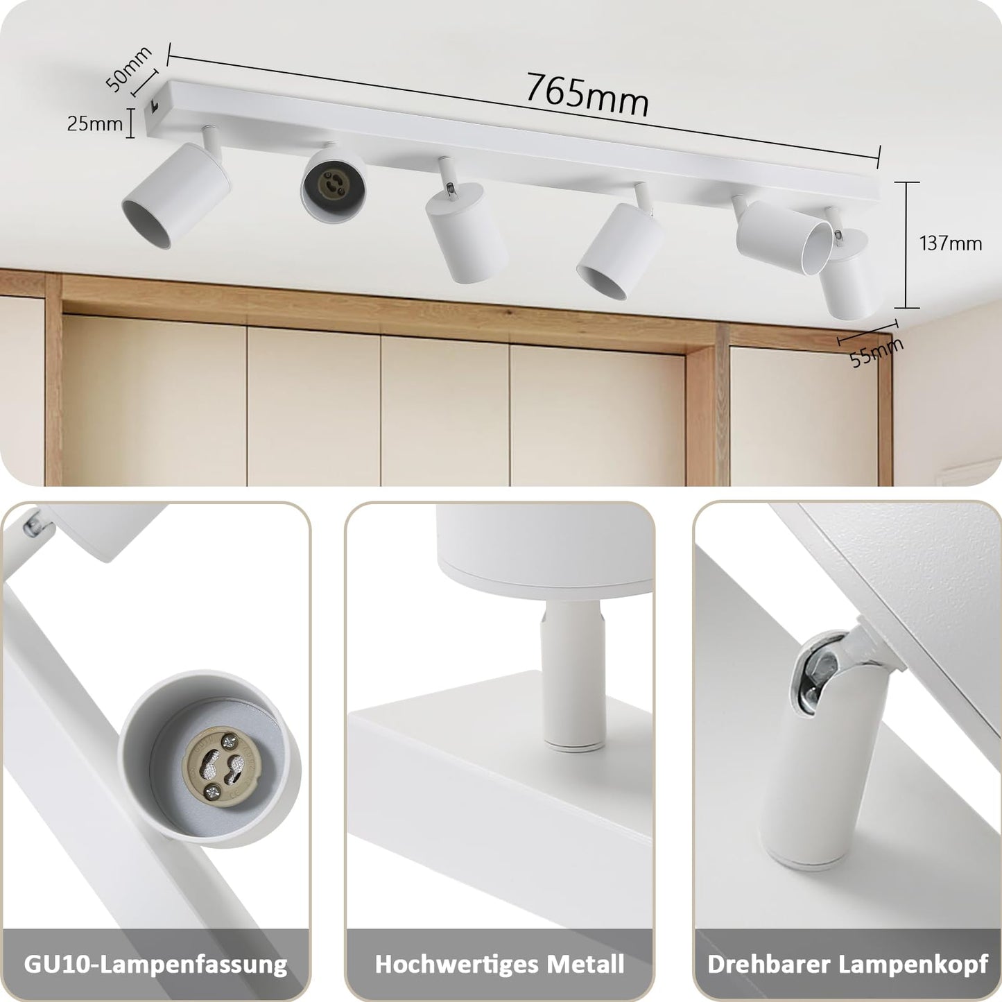 ZMH LED Deckenleuchte Wei? Deckenstrahler: GU10 Deckenlampe Spots 6 Flammig 330¡ãSchwenkbar Deckenspots Modern Flurlampe Industrial Wandstrahler f¨¹r Wohnzimmer Schlafzimmer K¨¹che Ohne Leuchtmittel