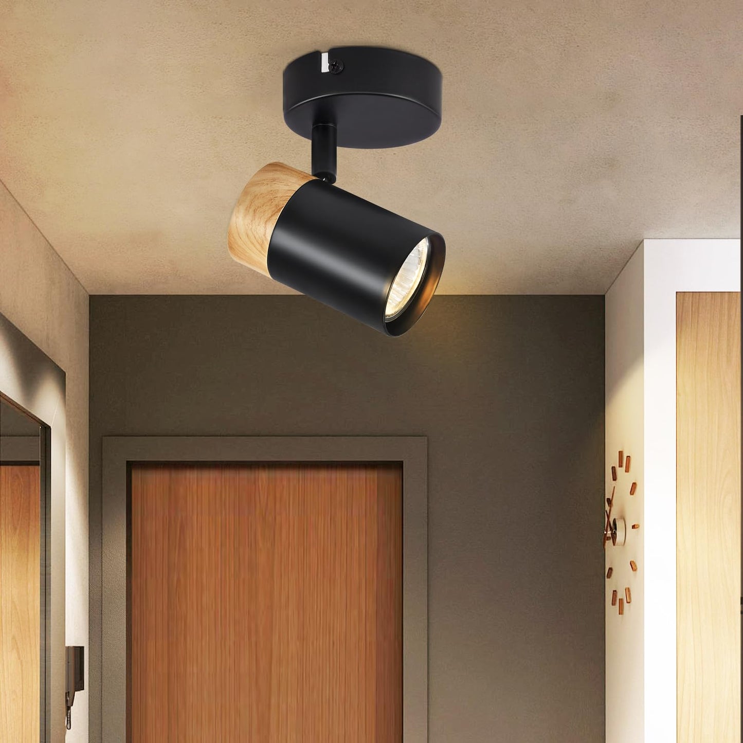ZMH Deckenstrahler Holz Deckenleuchte 1 Flammig - Deckenspots GU10 Schwenkbar 330¡ã LED Flurlampe Schwarz Vintage Deckenlampe Innen f¨¹r Gang Flur Wohnzimmer Schlafzimmer K¨¹che Ohne Leuchtmittel