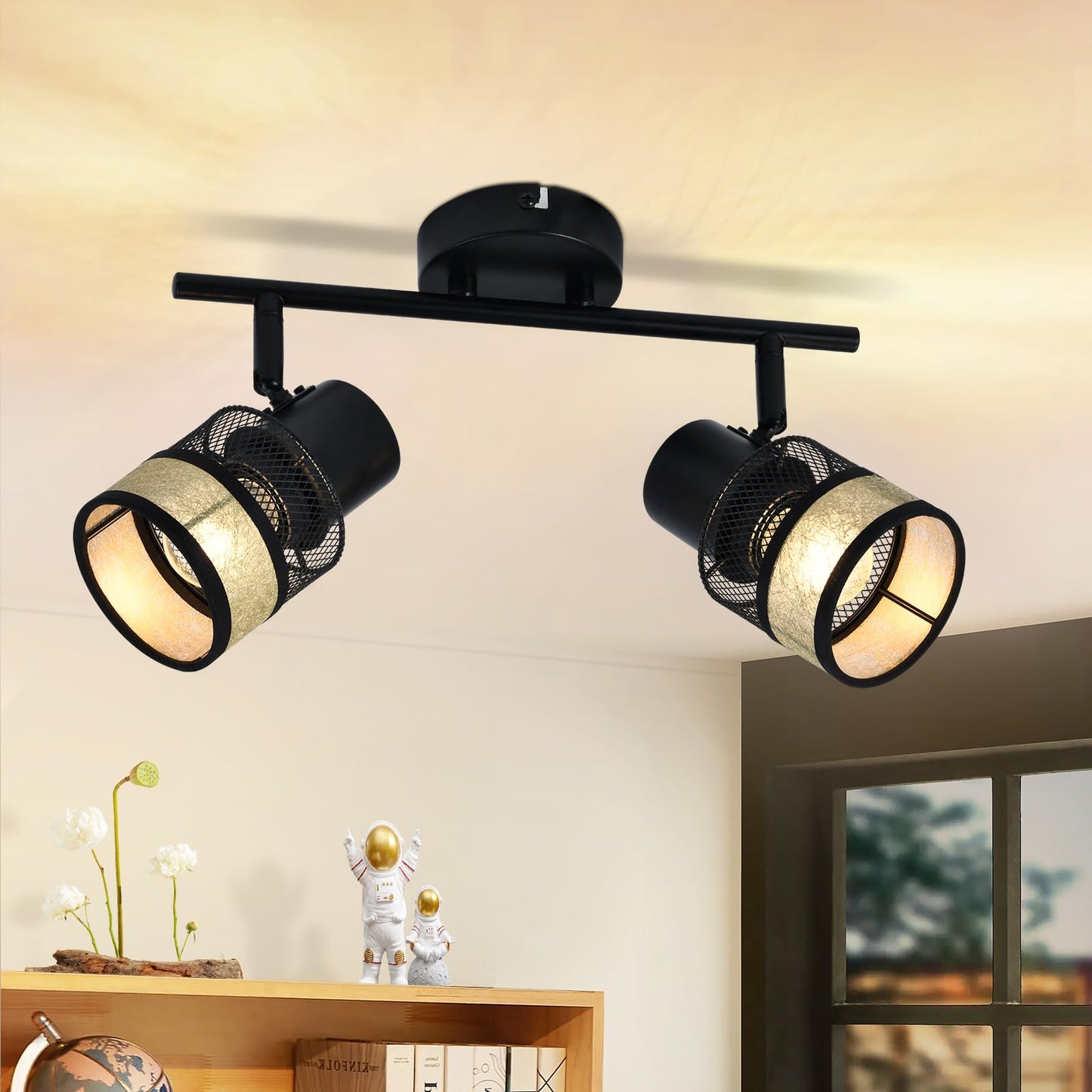 ZMH Deckenstrahler 2 Flammig Schwarz Deckenleuchte - Deckenspot Flur Metall Vintage E27 330¡ãSchwenkbar LED Deckenlampe mit Gold Stoffschirm Max.25W f¨¹r Wohnzimmer Schlafzimmer K¨¹che