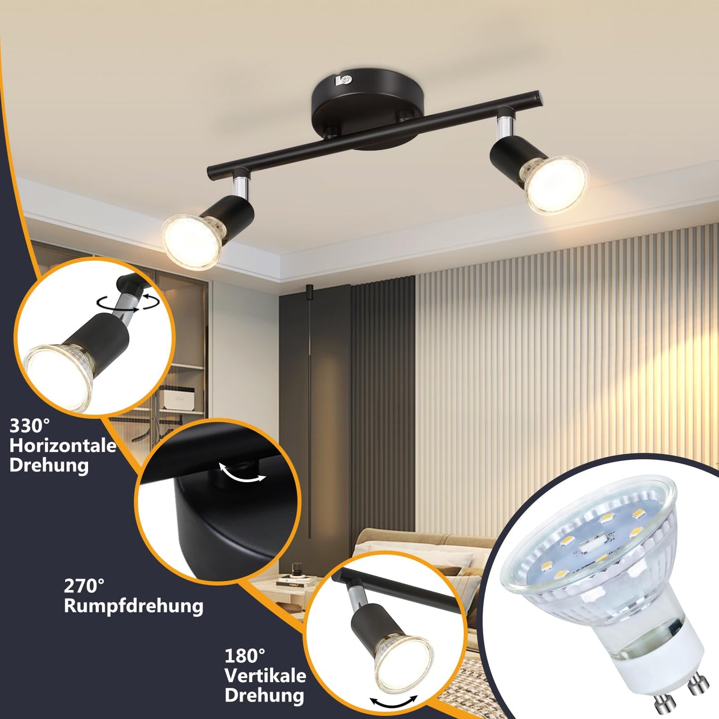ZMH Deckenleuchte 2 Flammig Schwarz Deckenspot - Deckenstrahler LED Schwenkbar 330¡ã GU10 Strahlar Ceiling Deckenlampe Schlafzimmer Wandstrahler f¨¹r Flur Schlafzimmer Korrid Wohnzimmer