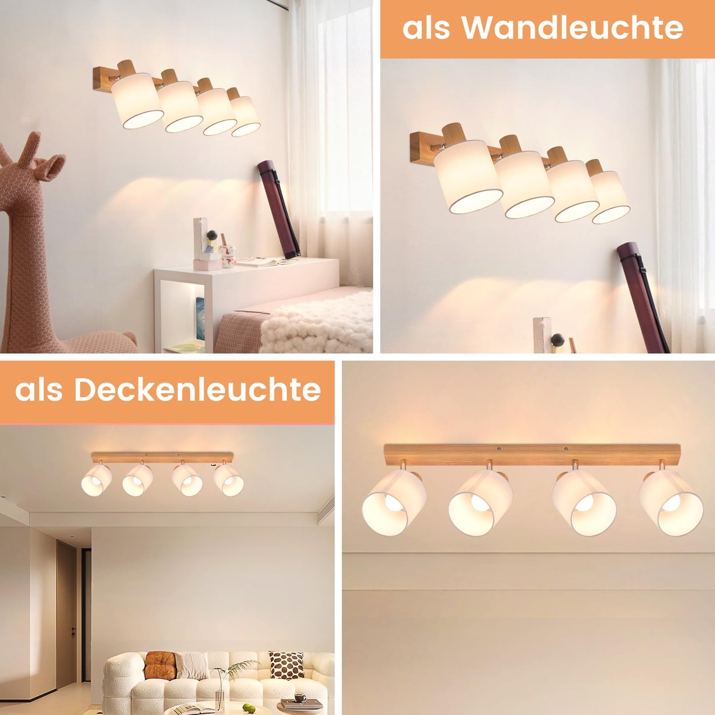 ZMH Deckenstrahler 4 Flammig Deckenlampe Wohnzimmer - Holz Deckenleuchte Modern Deckenspot E14 Schwenkbar 350¡ã MAX.25W k¨¹chenlampe Stoffschrim f¨¹r Schlafzimmer K¨¹che Flur (ohne Leuchtmittel)