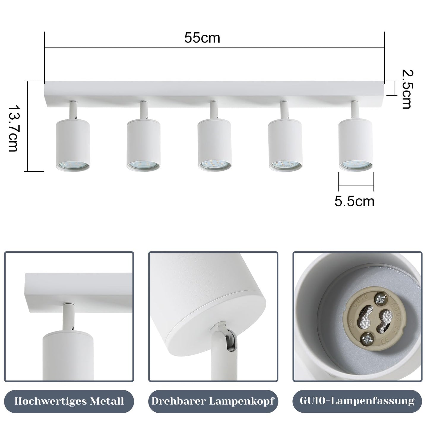 ZMH LED Deckenleuchte Wei? Deckenstrahler: GU10 Deckenlampe Spots 5 Flammig 330¡ãSchwenkbar Deckenspots Modern Flurlampe Industrial Wandstrahler f¨¹r Wohnzimmer Schlafzimmer K¨¹che Ohne Leuchtmittel