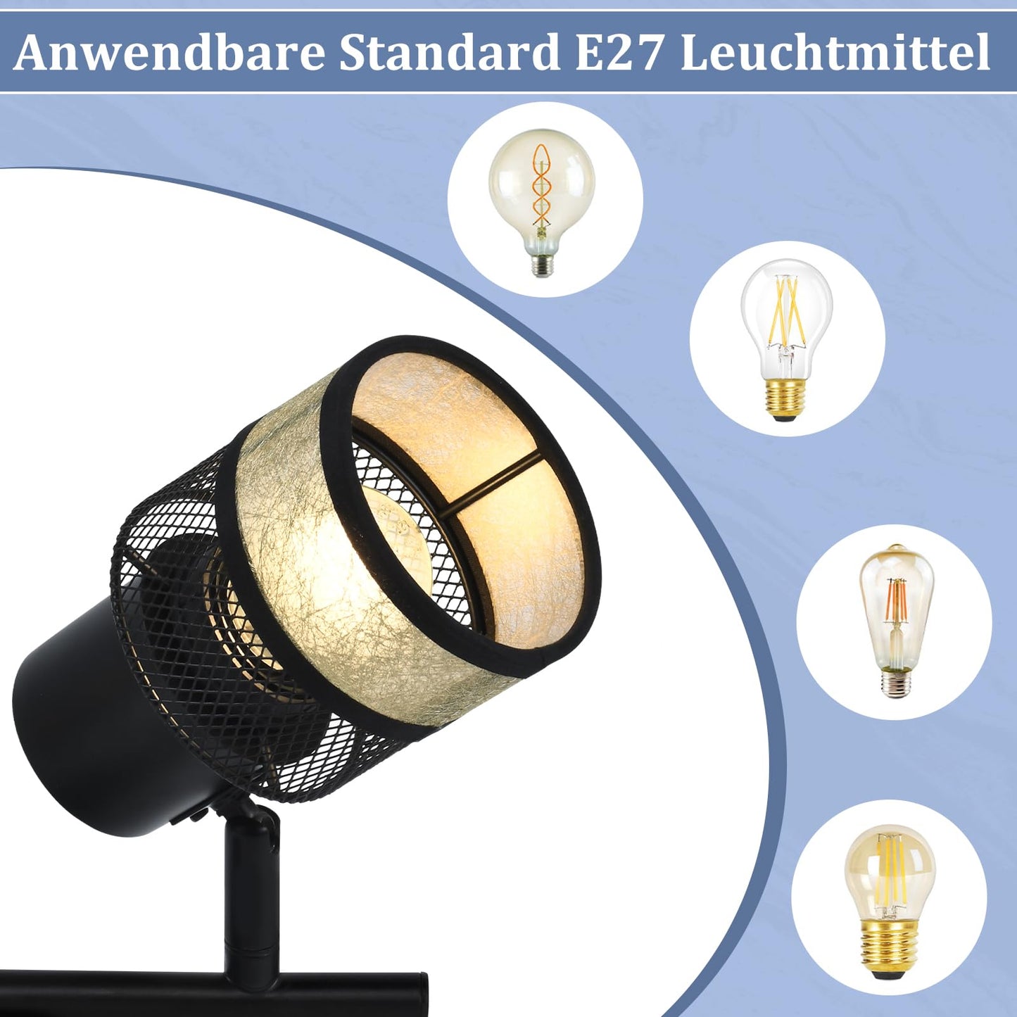 ZMH Deckenstrahler 2 Flammig Schwarz Deckenleuchte - Deckenspot Flur Metall Vintage E27 330¡ãSchwenkbar LED Deckenlampe mit Gold Stoffschirm Max.25W f¨¹r Wohnzimmer Schlafzimmer K¨¹che
