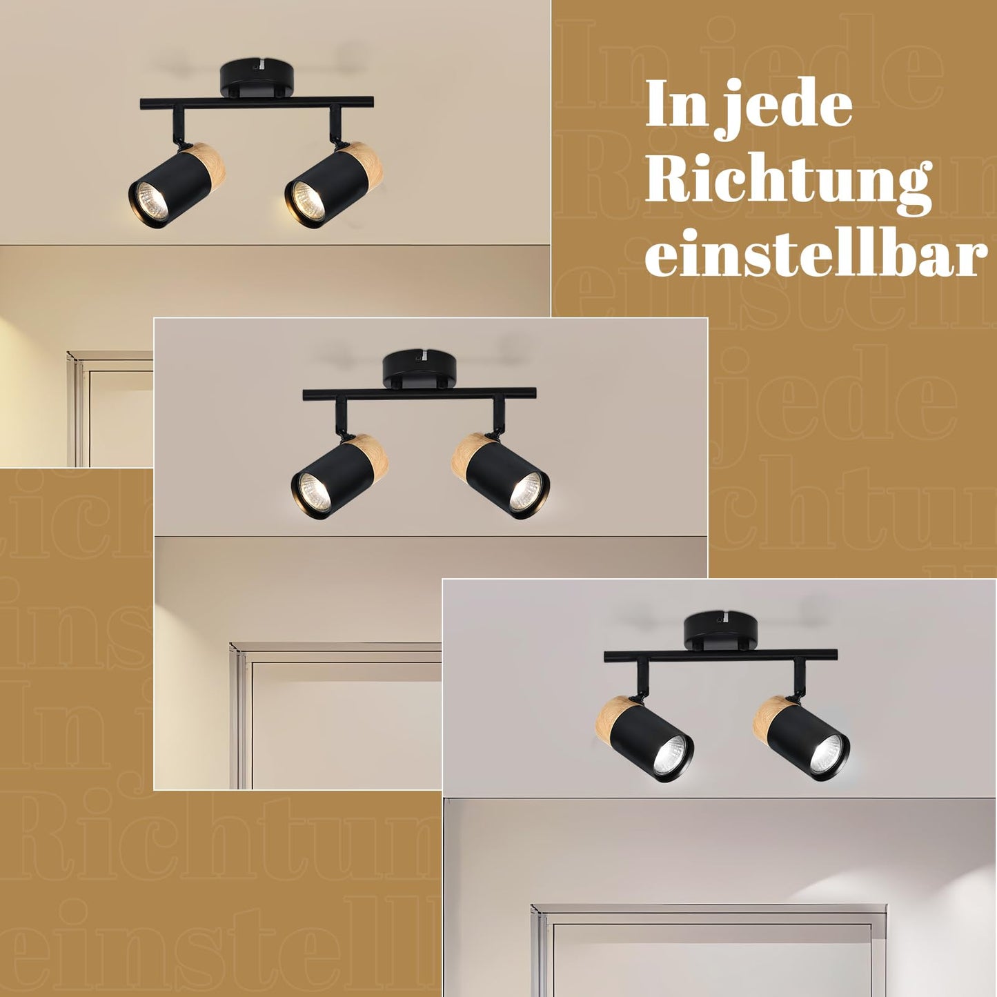 ZMH Deckenstrahler 2 Flammig Holz Deckenlampe - GU10 LED Deckenleuchte Schwarz Schwenkbar 330¡ã Spotlight f¨¹r Flur Garage Wohnzimmer Schlafzimmer K¨¹che Ohne Leuchtmittel