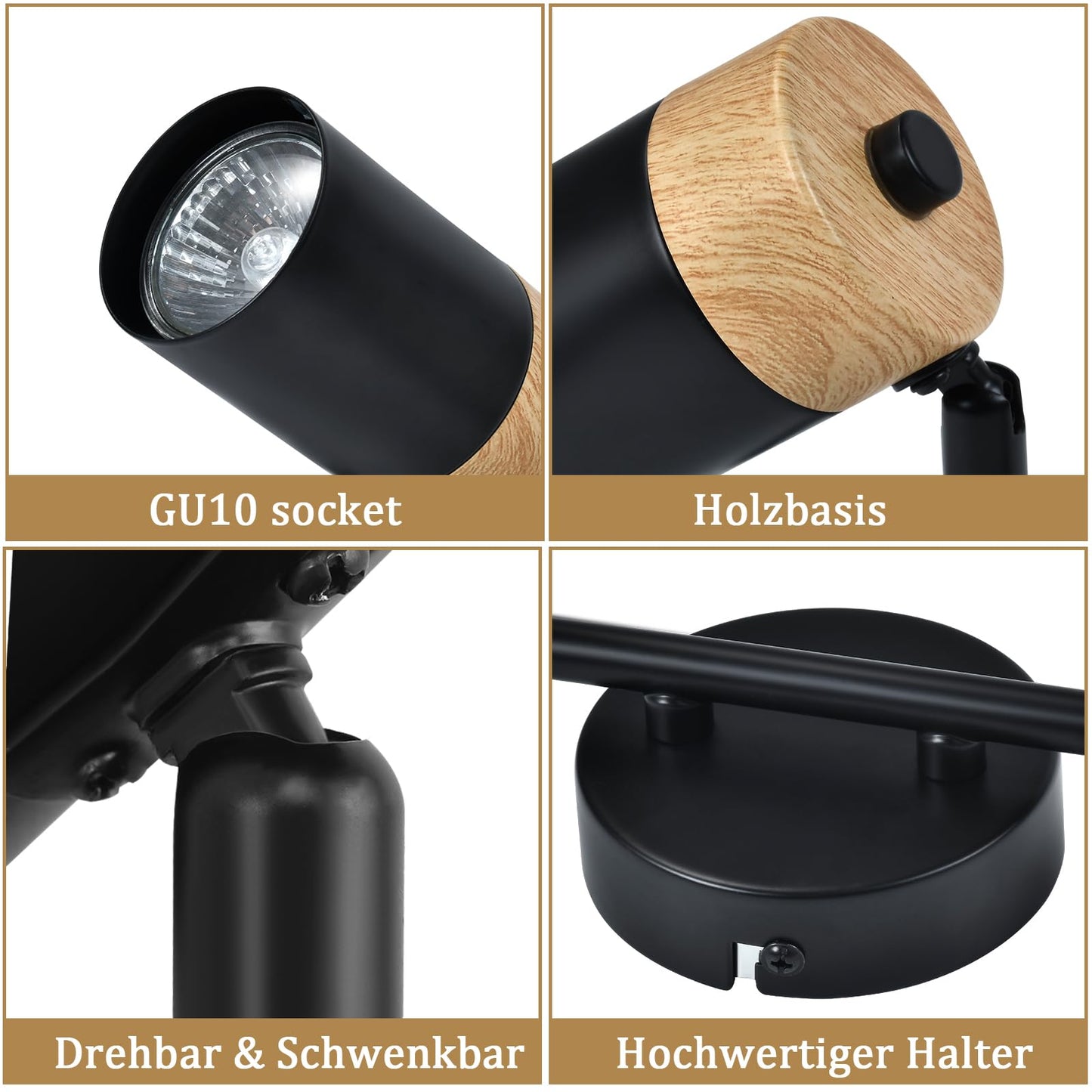 ZMH Deckenstrahler 2 Flammig Holz Deckenlampe - GU10 LED Deckenleuchte Schwarz Schwenkbar 330¡ã Spotlight f¨¹r Flur Garage Wohnzimmer Schlafzimmer K¨¹che Ohne Leuchtmittel